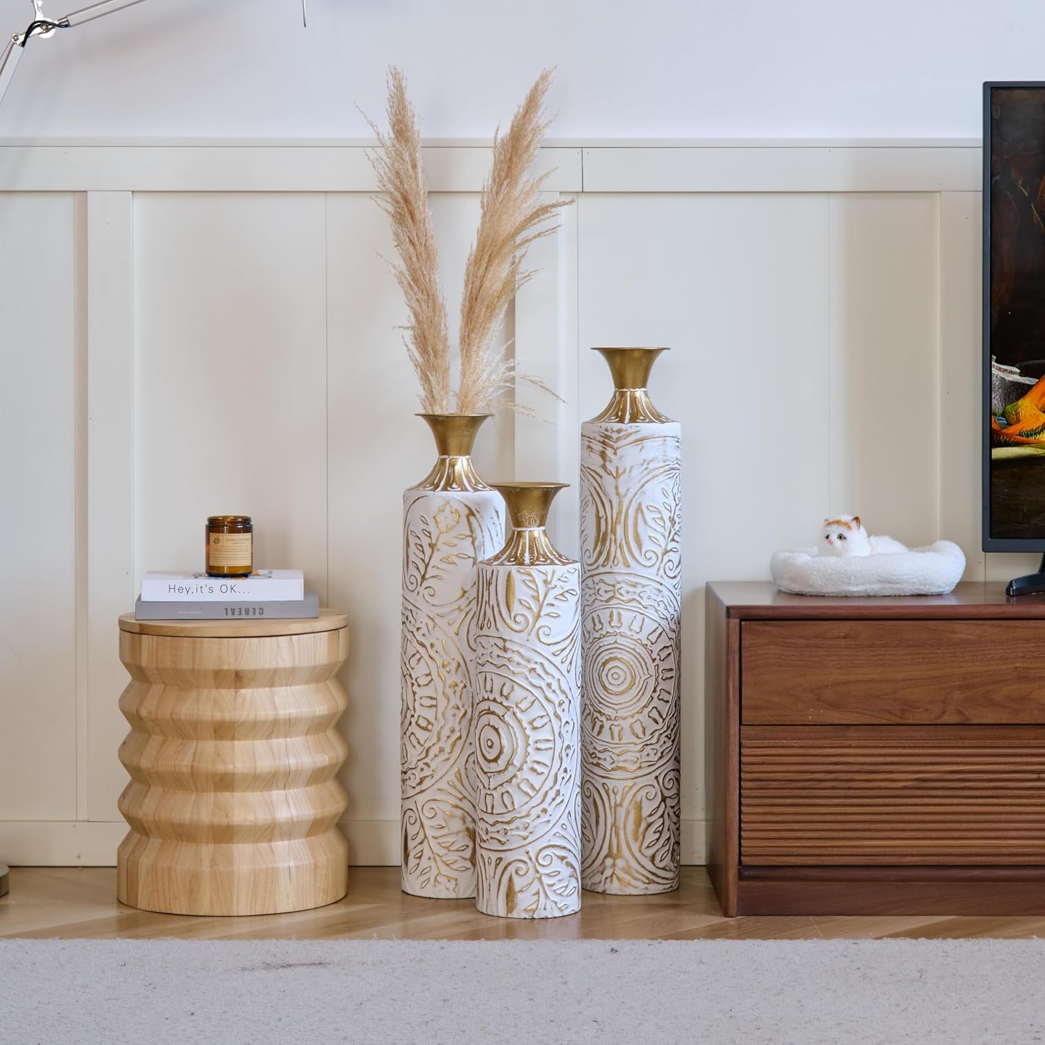 Metal Floor Vase Set - 3D Floral Relief Cylinder Vases for Living Room, Entryway & Office Decor, 24in/28.7in/33.5in Rustproof Tall Standing Home Décor (White+Gold Pattern)