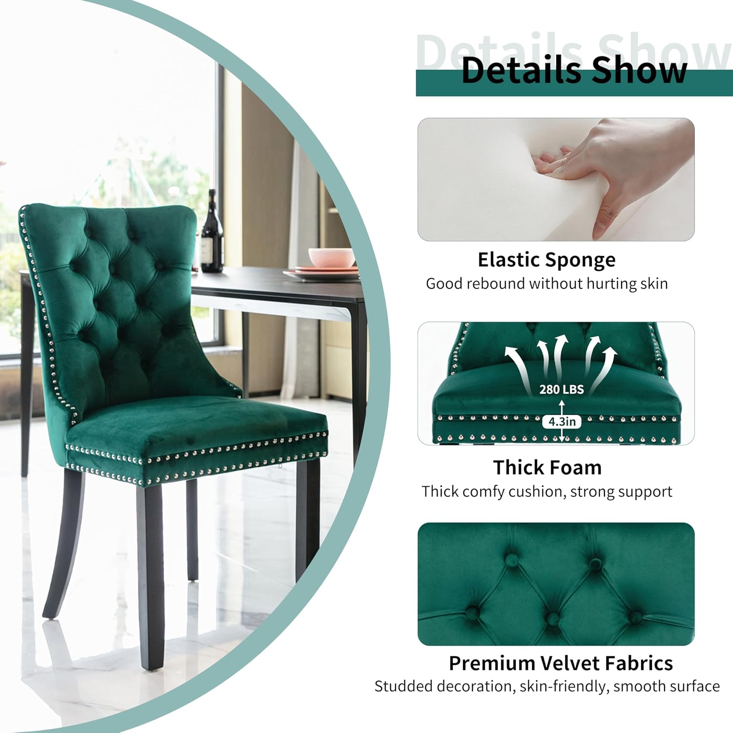 Modern Luxury Round Glass Dining Set for 4, 5 Pcs Small Minimalist Circle Kitchen Table Set, 36'' Clear Circular Glass Top Dinner Room Set, Green High-end Tufted Chairs, for Apartment (Black)