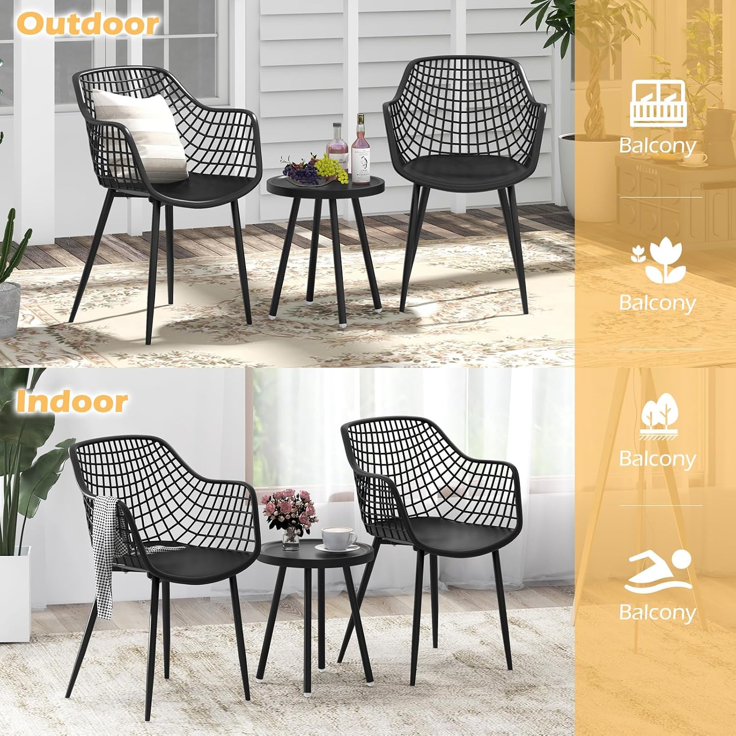Tangkula 3 Piece Patio Bistro Set, All Weather Heavy Duty Table and Chairs Set of 2 with Widen Seats, Outdoor Furniture Set for Porch, Balcony, Backyard (Black)