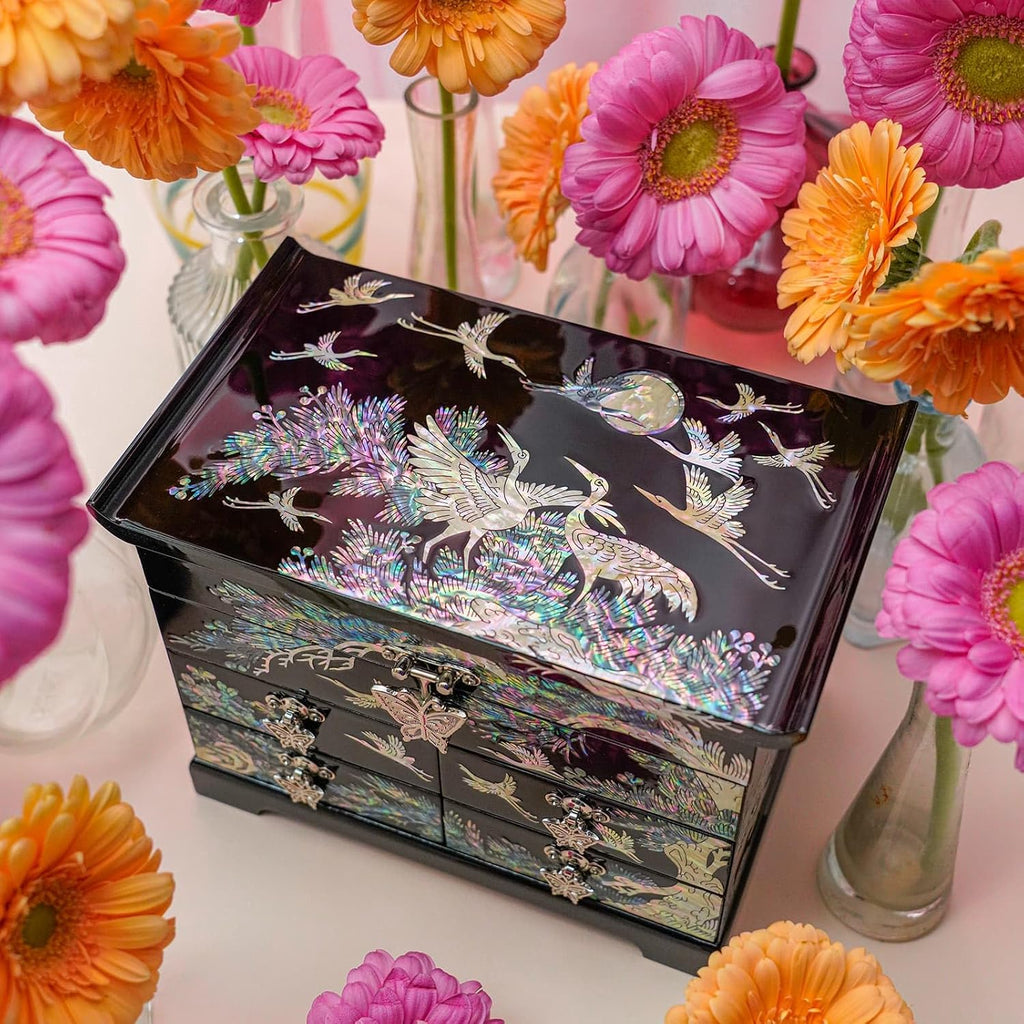 February Mountain Mother of Pearl Wooden Jewelry Organizer Box – Jewelry Storage Box for Women, Features Spacious Drawers, Ideal for Rings, Bracelets, Watches, Chains, Accessories (Crane_Black)