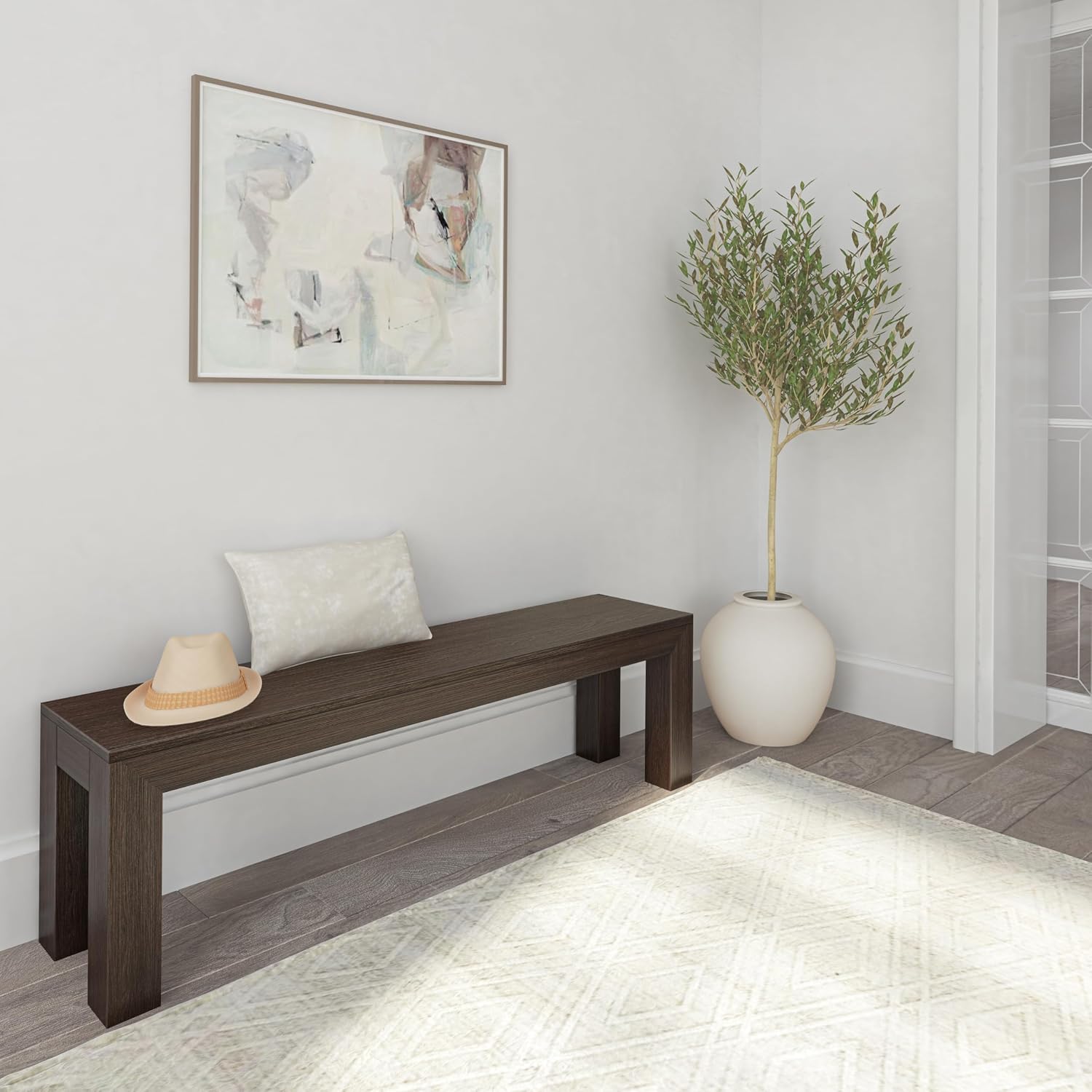 Plank+Beam 60 Inch Dining Bench for Dining Room, Table, and Entryway - Solid Wood, Walnut Wirebrush Finish