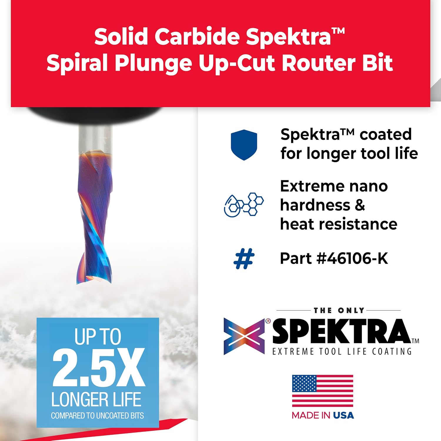 Amana Tool Spektra Extreme Tool Life Coated Solid Carbide Spiral Plunge Router Bit, 46106-K, 1/2 Dia x 1-1/4 CH x 1/2 Shank 3 Inch Long Up-Cut