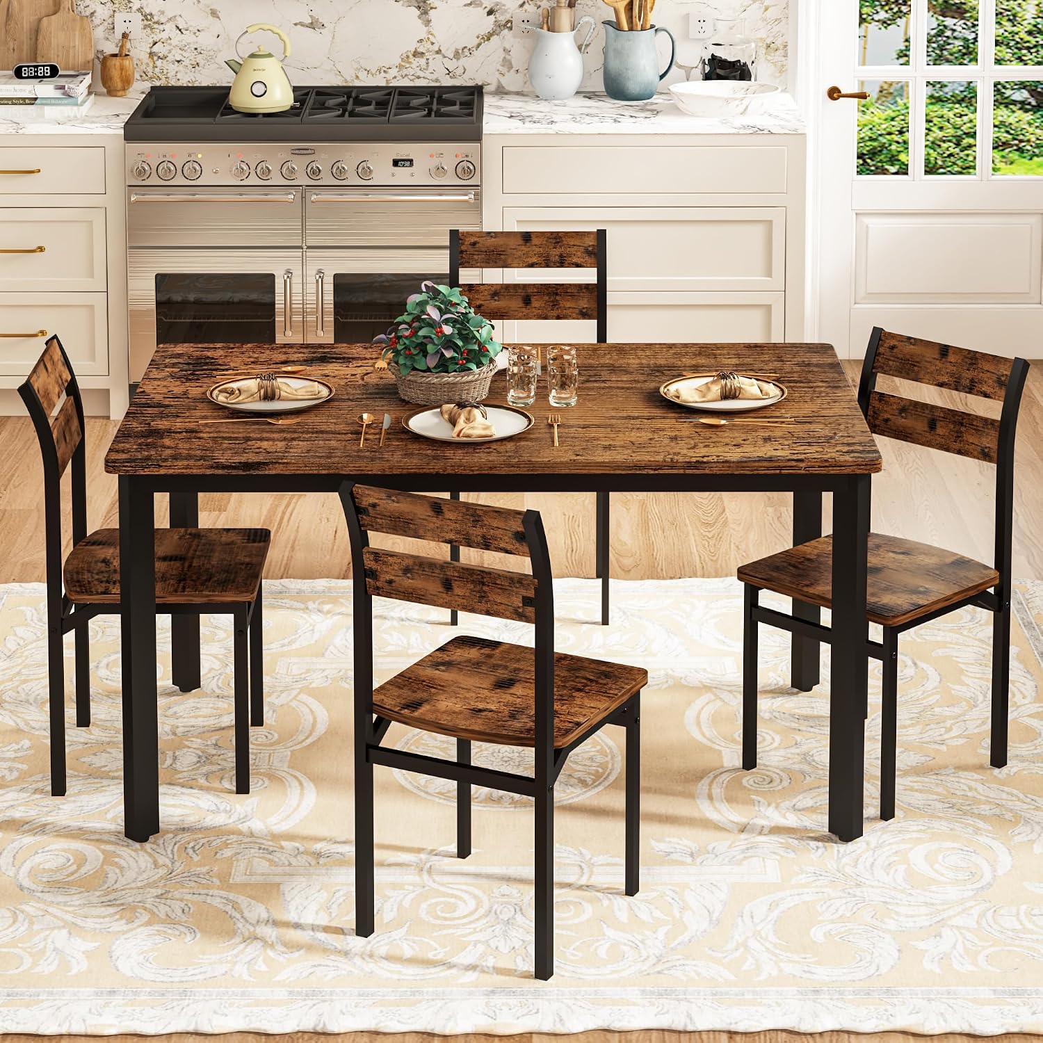 Recaceik Dining Table Set for 4 Wood Kitchen Table Chairs Set, 47 '' Farmhouse 5 Piece Dining Room Table Set, Space-Saving Dinette Set for Breakfast Nook, Apartment, Brown