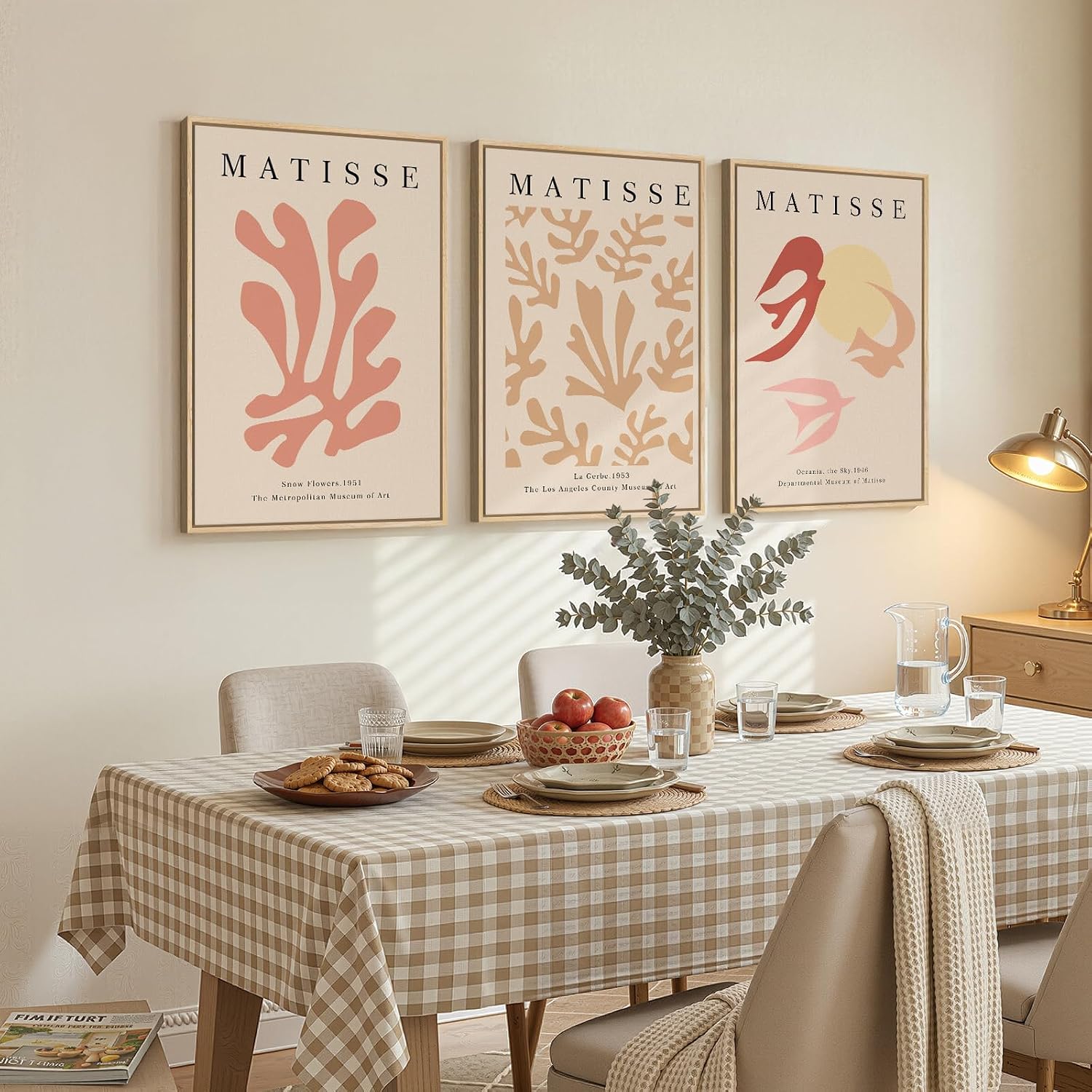 Framed Large Matisse Abstract Wall Art Set of 3, Vintage Neutral Pink Floral Botanical Canvas Prints, Classical Matisse Paintings Pictures for Living Room, Bedroom, Hallway, Office Decor, Total Size 30x60 In