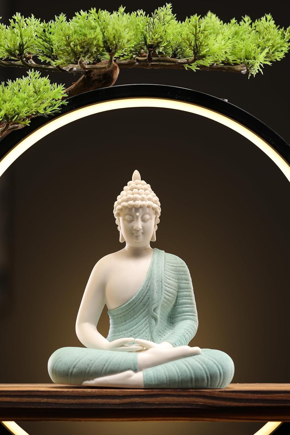 Houlu Green Buddha Statue with Green Artificial Tree and LED Circle Table Lamp, Indoor Ceramic Buddha Statues for Home Decor, 16.5 in