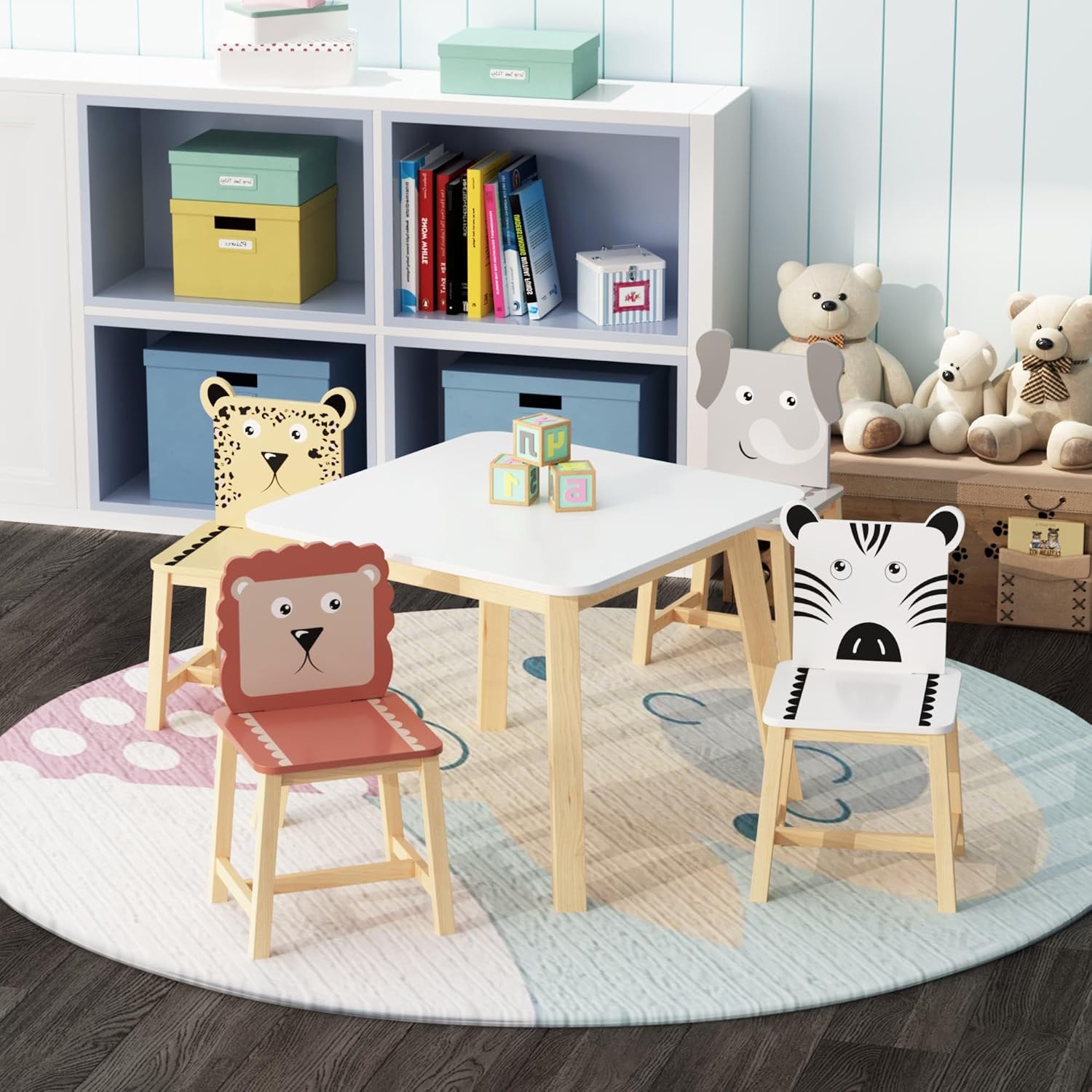 GDFStudio Toddler Table and Chair Set, 5-Piece Kids Dinner Table and Chairs for Ages 3-8, Cartoon Animals Solid Wood Play Table for Drawing, Study, Dining Room, Nursery and Kindergarten, White