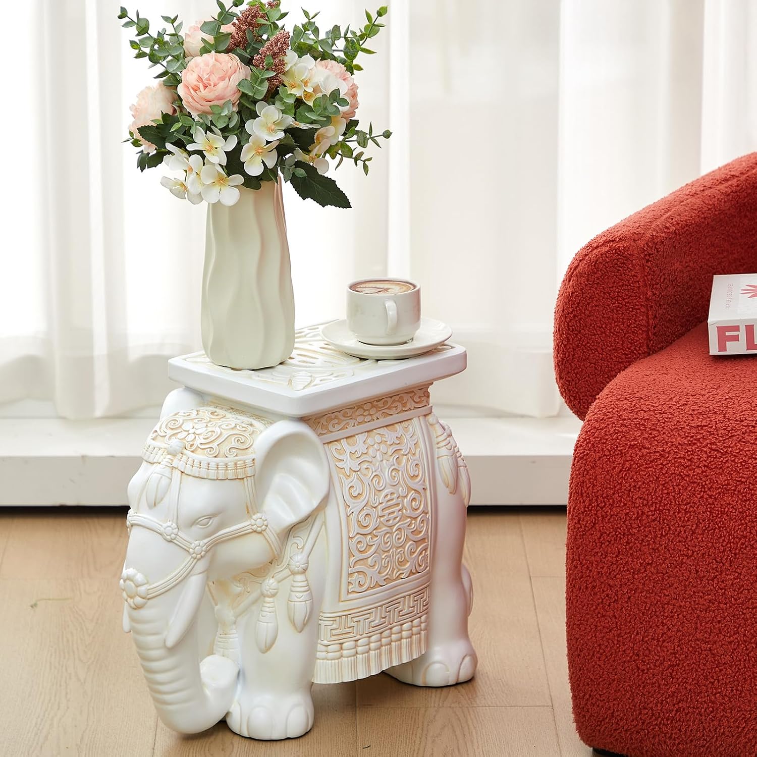 Leinuosen Elephant Garden Stool 16.5 Inch - Resin Elephant Side Table & Plant Stand, Indoor Outdoor Decorative Accent Table for Patio Balcony Living Room, Bohemian Home Decor Gift(White Color)