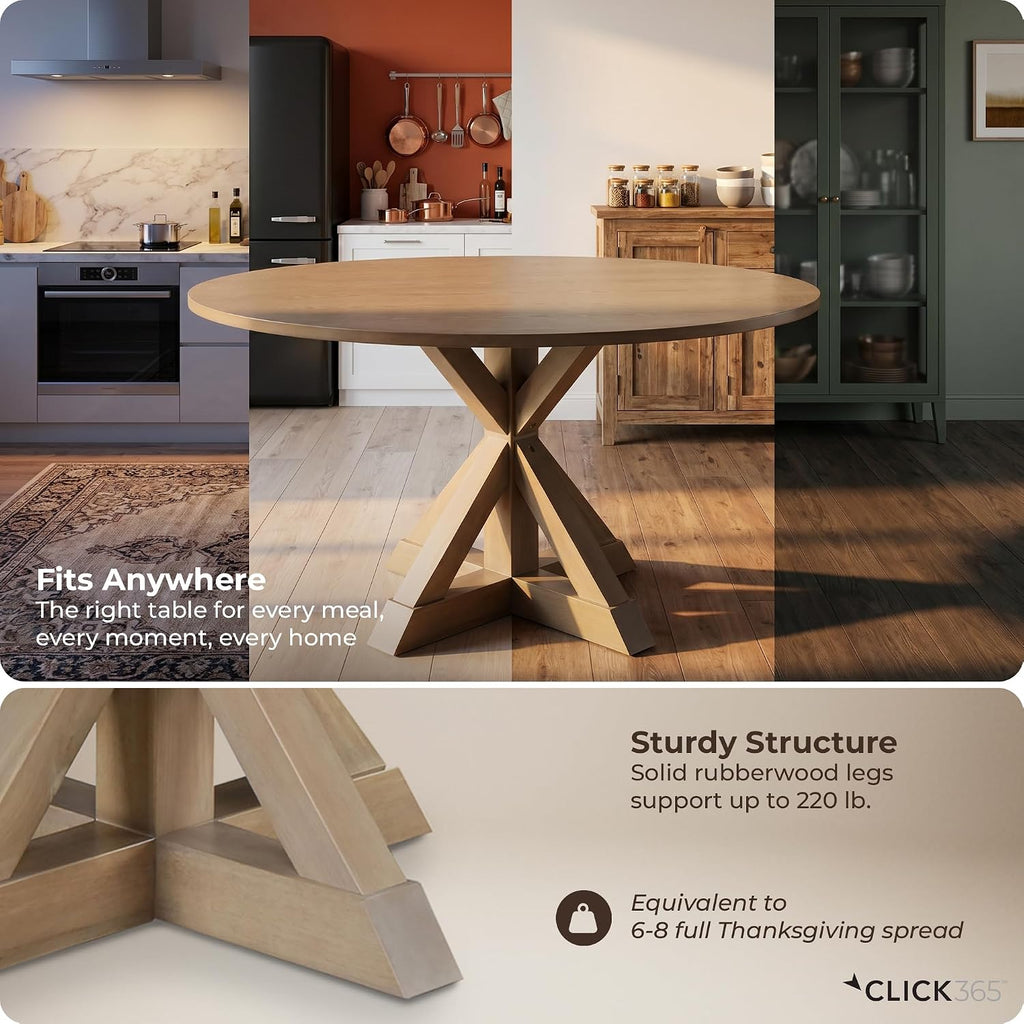 Alfred 46.5 Inch Round Dining Table for 4, Solid Wood Farmhouse Kitchen Table with Distressed Beige Finish and Pedestal Trestle Base