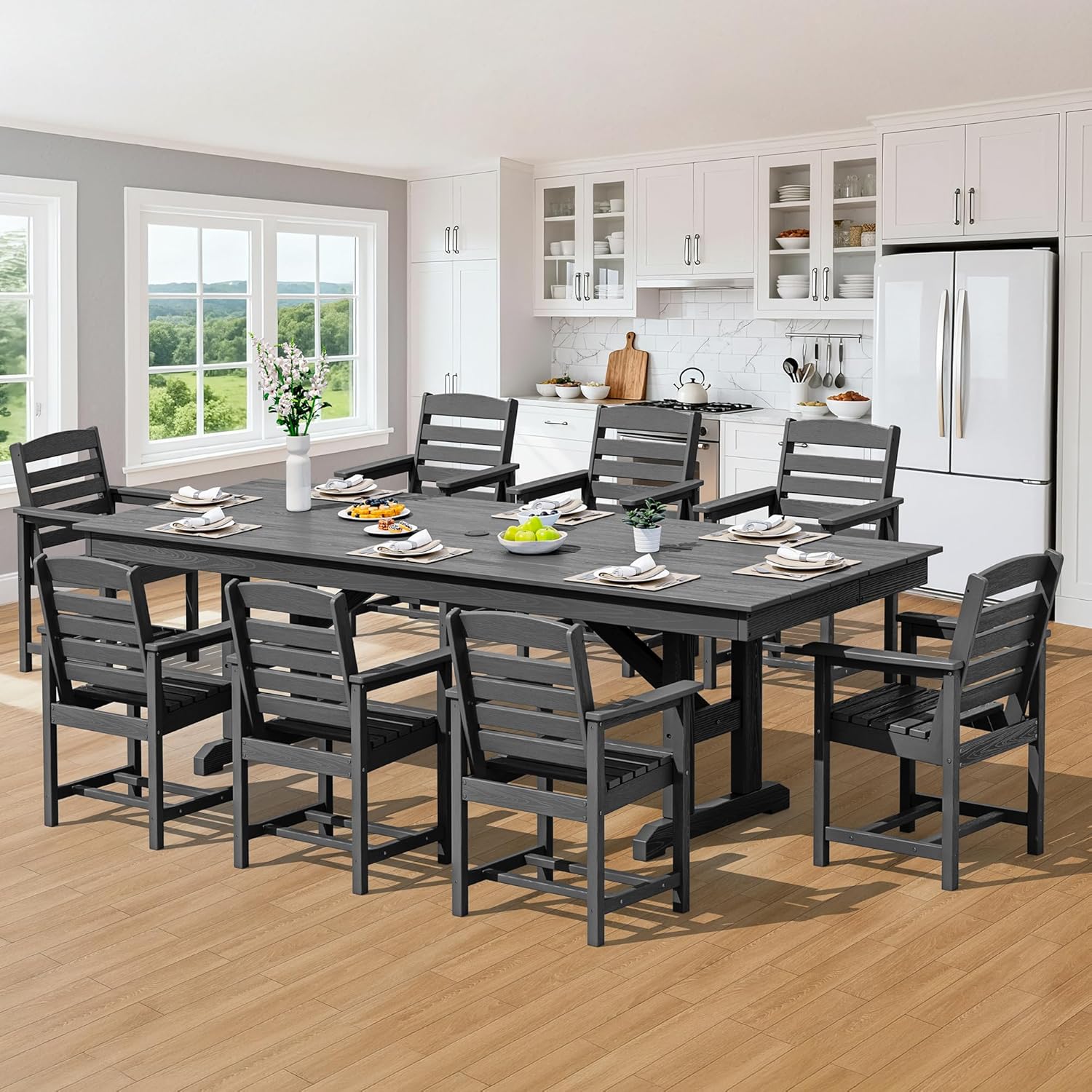 SERWALL 9 Piece Outdoor Dining Set, 84' HDPE Outdoor Table and Chairs for 8，All Weather Patio Dining Furniture Set with Umbrella Hole for Backyard, Garden, Black