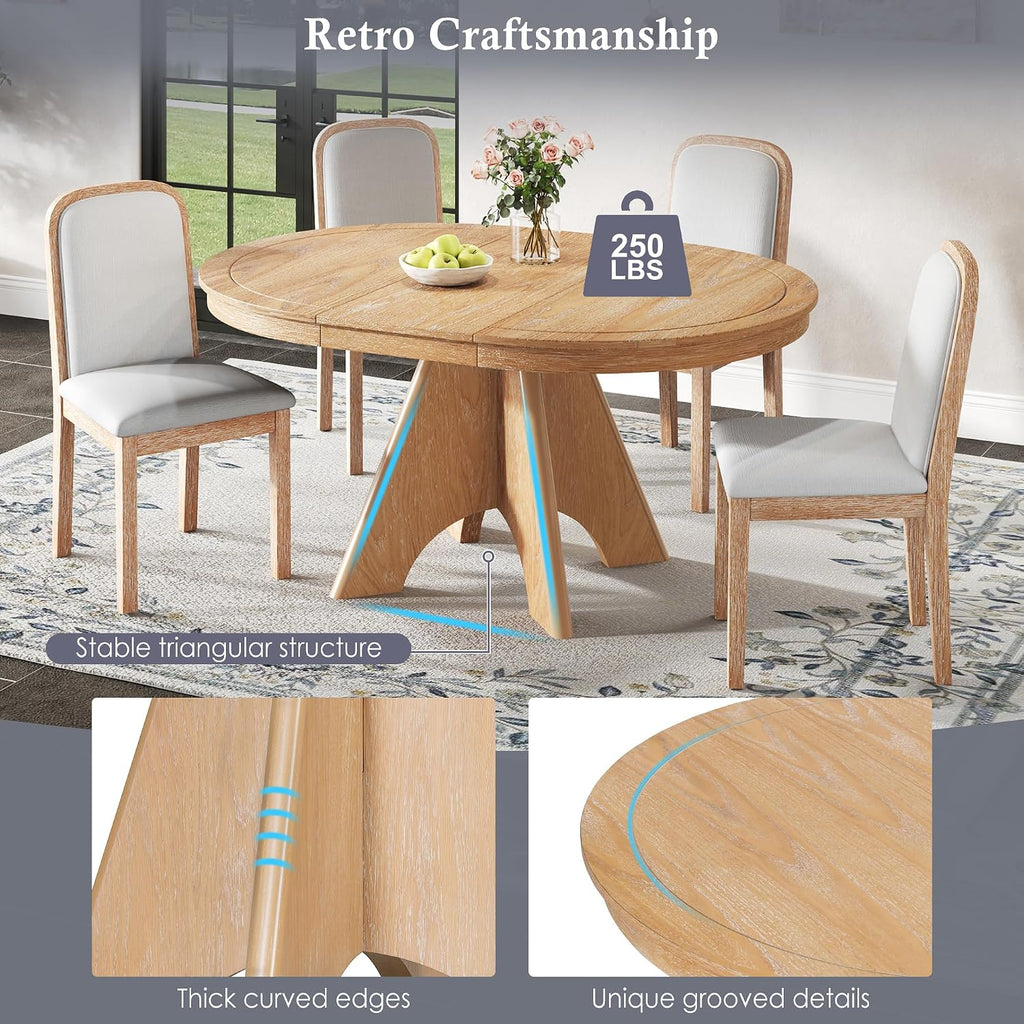 LUMISOL 42'-58' Extendable Round Dining Table for 4-6, Farmhouse Kitchen Table with Distressed Finish and Sturdy Crossed Legs, Wood Dinner Tables for Kitchen, Dining Room, Natural Wood Wash