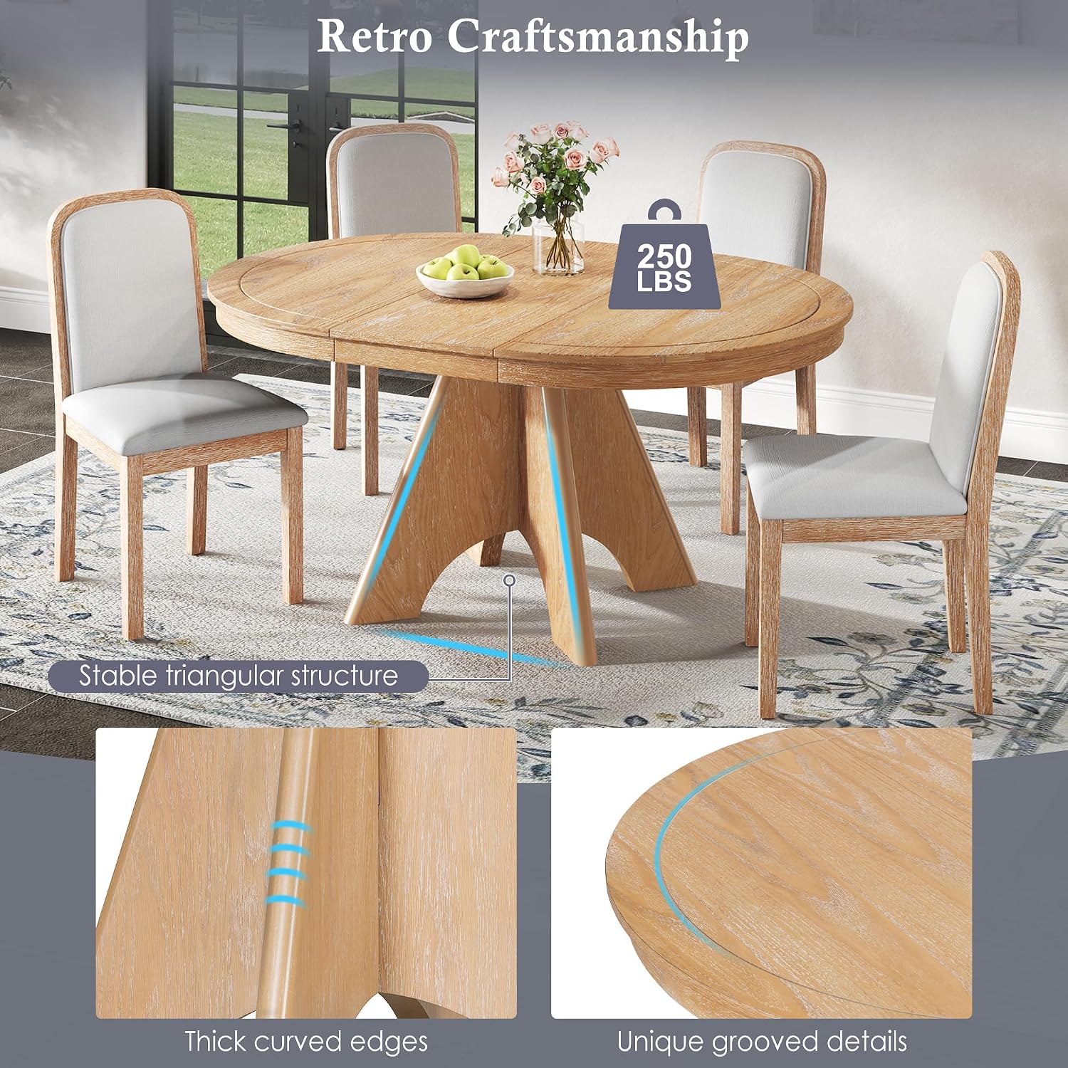 LUMISOL 42'-58' Extendable Round Dining Table for 4-6, Farmhouse Kitchen Table with Distressed Finish and Sturdy Crossed Legs, Wood Dinner Tables for Kitchen, Dining Room, Natural Wood Wash