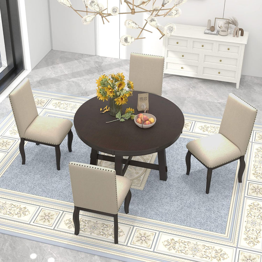 Harper & Bright Designs Kitchen Dining Table Set for 4, Wood Round Extendable Dining Table and 4 Dining Chairs Dining Table Set (Espresso), ST000074AAP-MZJ