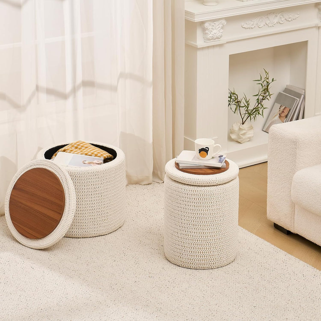 Wimarsbon Pouf Ottoman, 100% Cotton Knitted Boho Footstool, Round Footrest with Non-Skid Wood Legs, Home Décor Handmade Pouffe, Leisure Floor Step Stool for Living Room (18inch White Storage Ottoman)