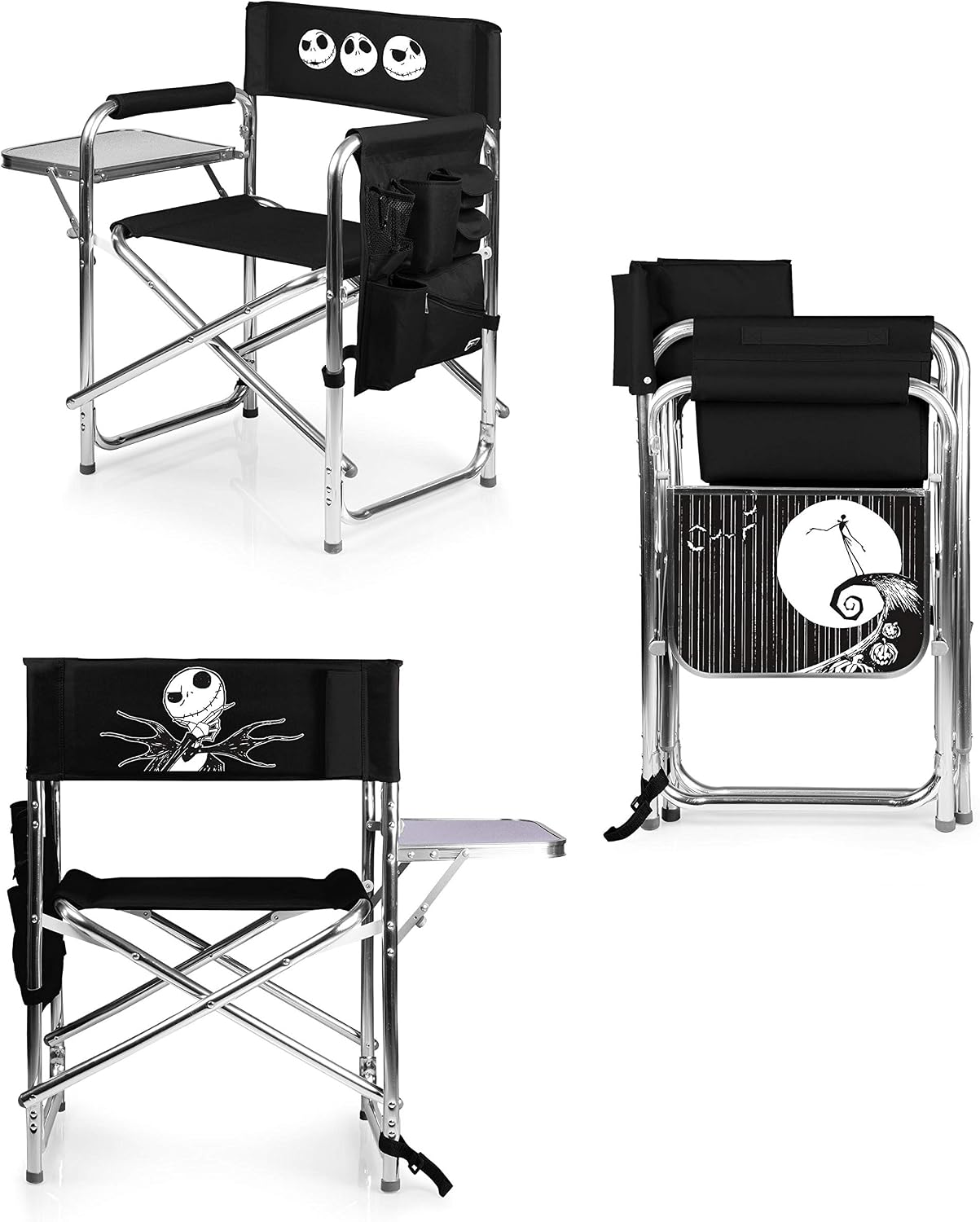 Picnic TIME Disney Nightmare Before Christmas Jack Sports Chair with Side Table, Folding Beach and Camp Chair, Portable Outdoor Chair with Carry Strap and Storage Pockets, (Black)