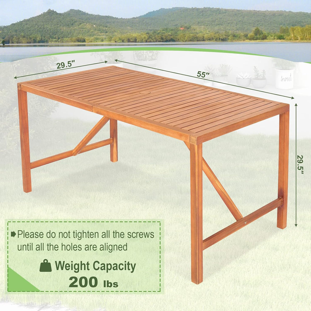 Tangkula 55' Acacia Wood Outdoor Dining Table for 4-6 Person, Rectangular Patio Dining Table with 2' Umbrella Hole and Support Bars, Indoor Outdoor Dining Furniture for Deck, Garden, Poolside & Yard