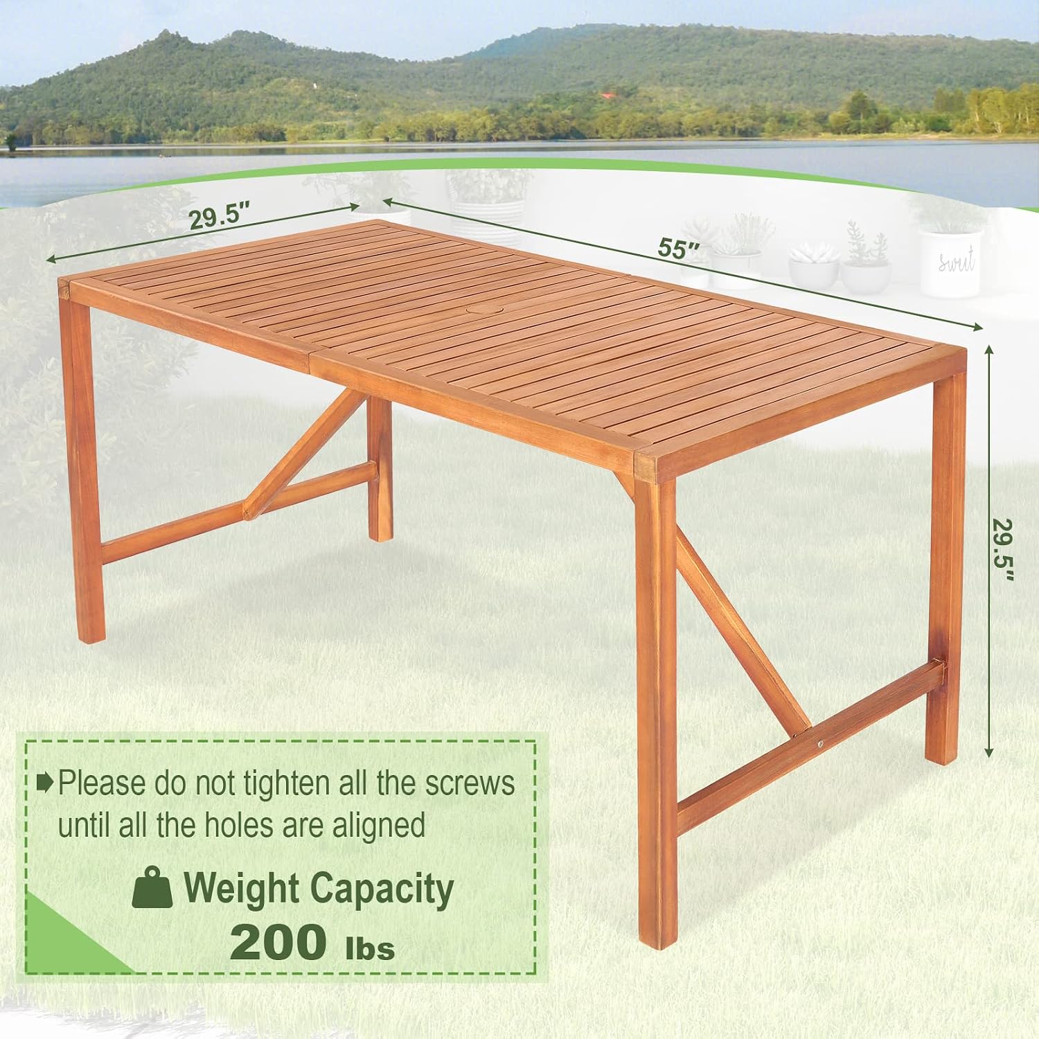 Tangkula 55' Acacia Wood Outdoor Dining Table for 4-6 Person, Rectangular Patio Dining Table with 2' Umbrella Hole and Support Bars, Indoor Outdoor Dining Furniture for Deck, Garden, Poolside & Yard