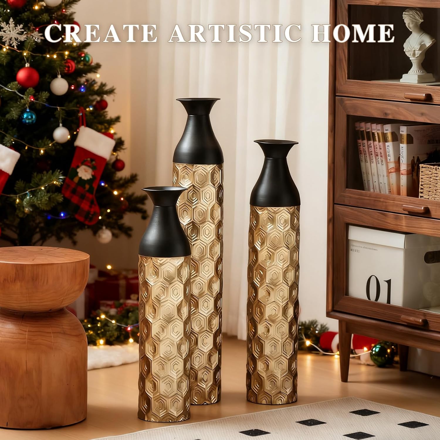 Floor Metal Decorated Vases Set of 3 for Gorgeous Home Decoration Large Glazed Metal Vases (Black+Gold)