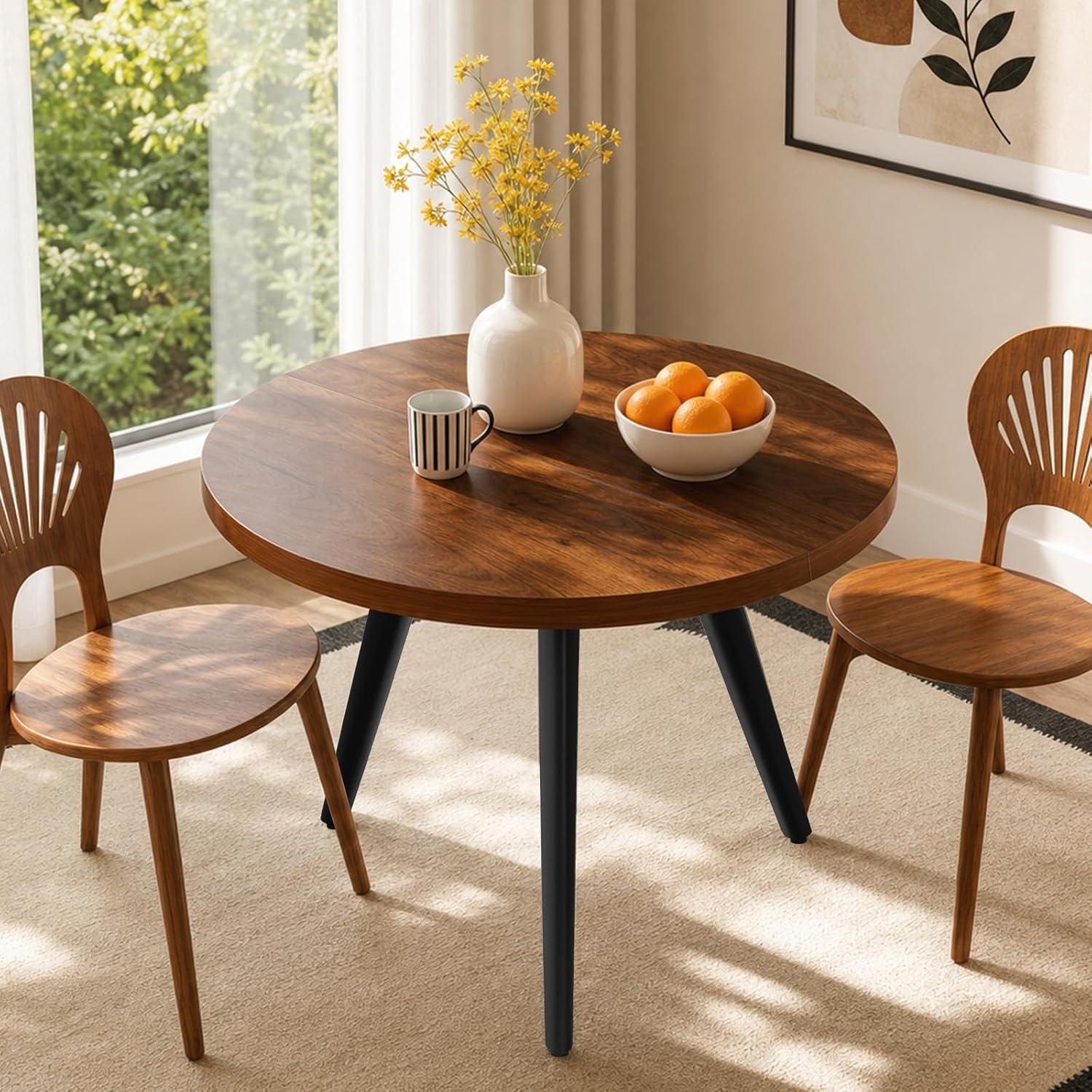 Round Dining Table, Small Dining Table for 2, 31.5' Round Table, Mid-Century Modern Kitchen Table with 1.4' Thickness Wood Grain Tabletop for or Small Space, Dining Room, Kitchen, UG Brown