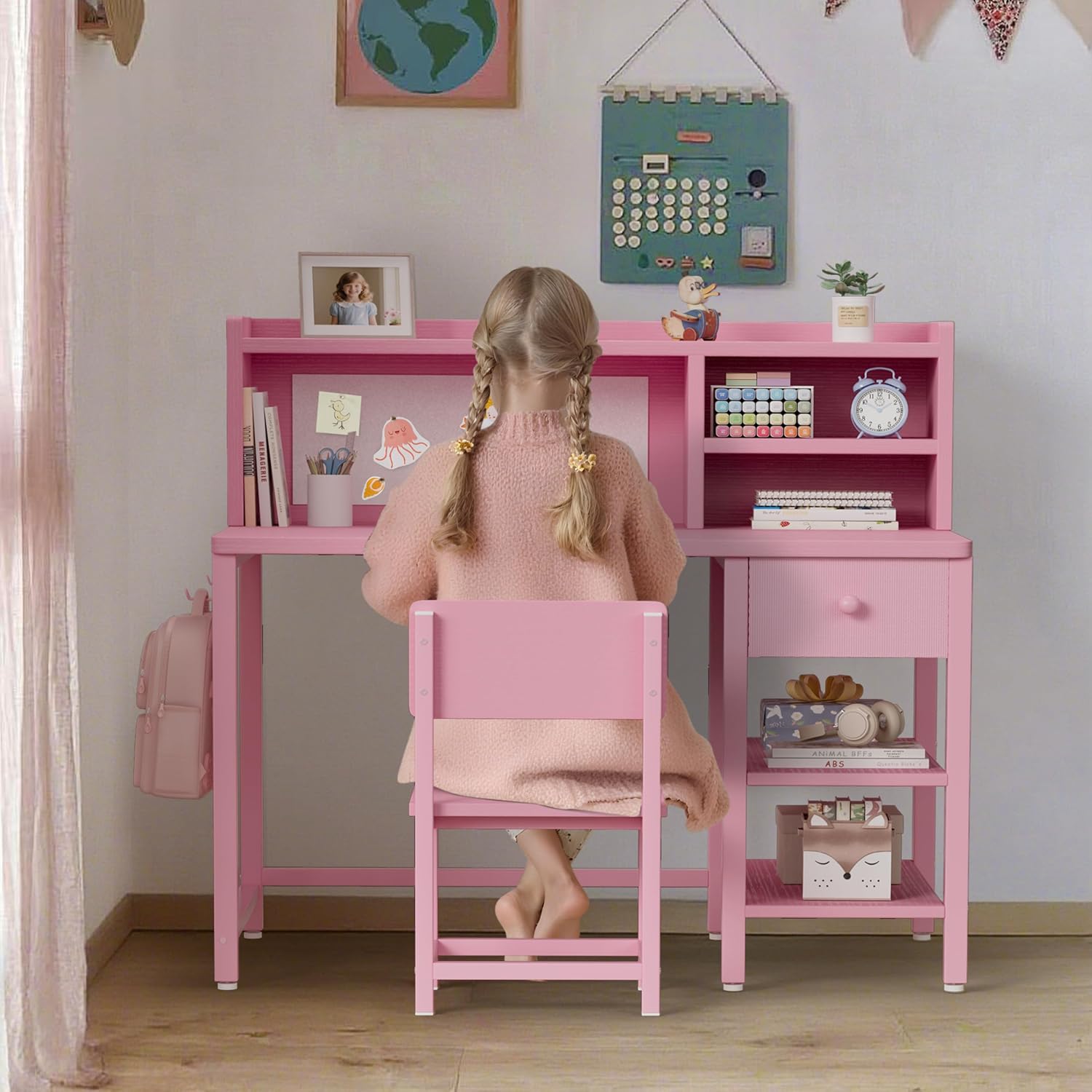 BOLUO Pink Kids Desk and Chair Set for 6-12 Year Old, Children Study Desk with Hutch and Storage Shelf, Student Writing Table with Fabric Drawer for Girls Boys