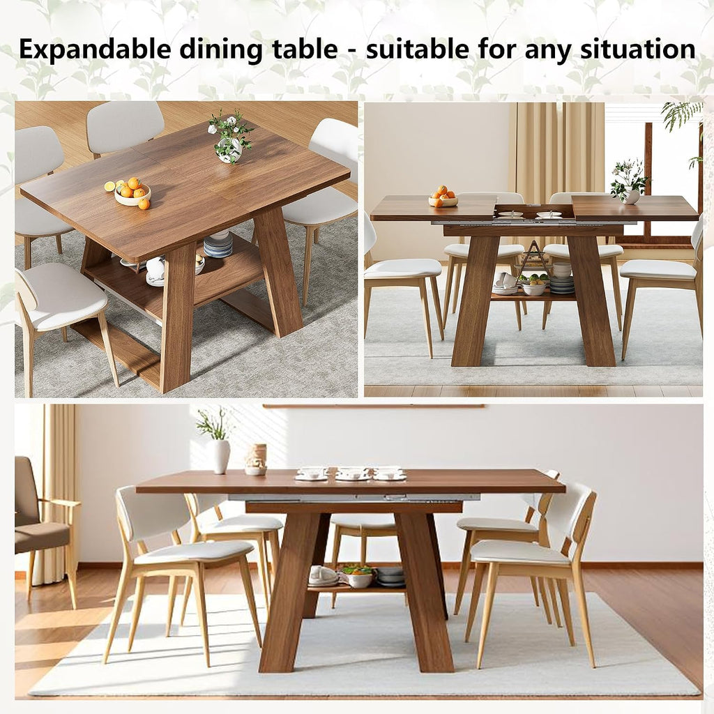 Lxsxlome 47.24''-66.92'' Extendable Dining Room Table for 4-6, Rectangle Extendable Kitchen Table with Removable Leaves, Space Saving, Wooden Dining Table with Storage Shelf (Style 2, Walnut)