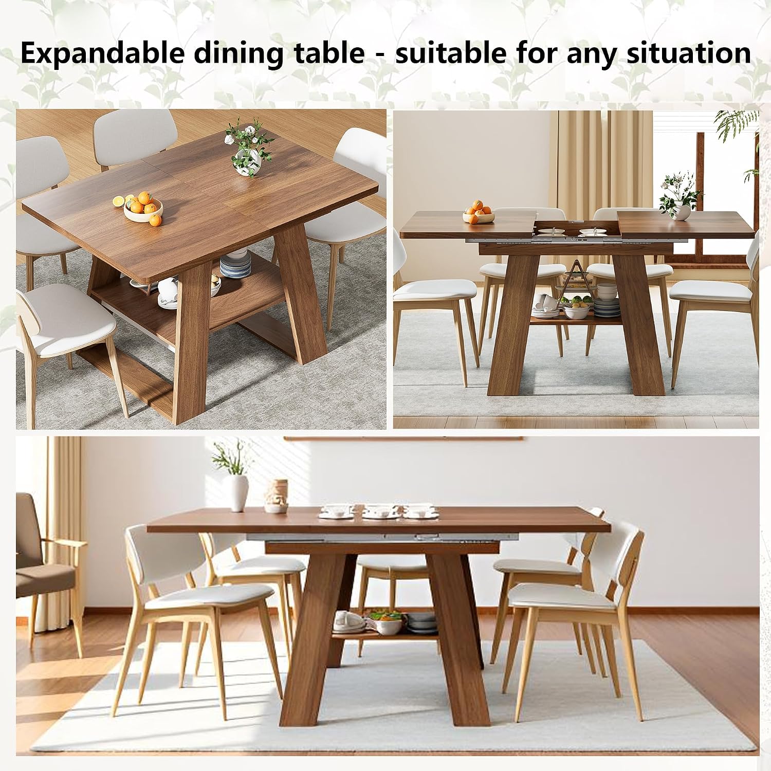 Lxsxlome 47.24''-66.92'' Extendable Dining Room Table for 4-6, Rectangle Extendable Kitchen Table with Removable Leaves, Space Saving, Wooden Dining Table with Storage Shelf (Style 2, Walnut)