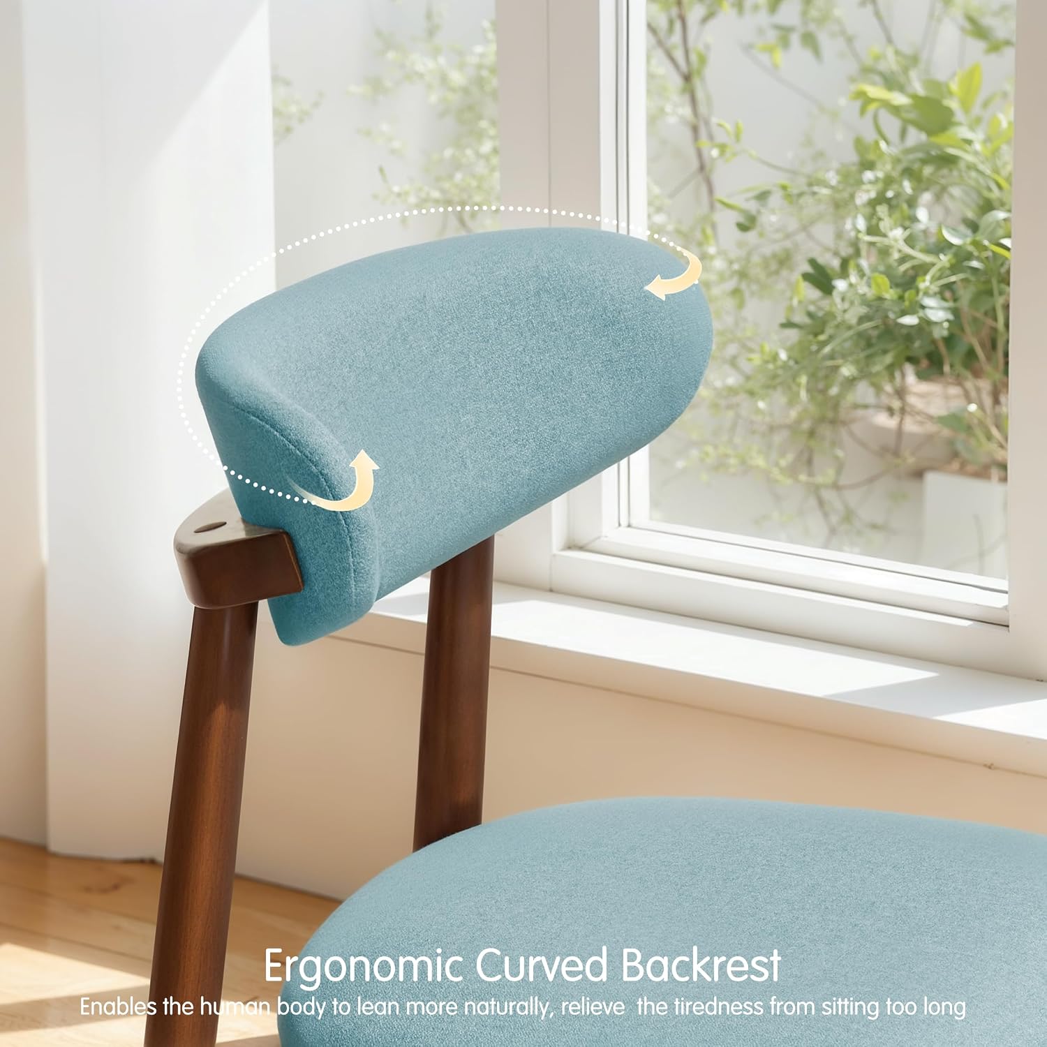 CHUN YI Dining Chairs Set of 4, Upholstered Solid Wood Dining Room Chairs, Mid Century Modern Fabric Kitchen Chairs with Ergonomic Curved Back, Blue (Only Chairs)