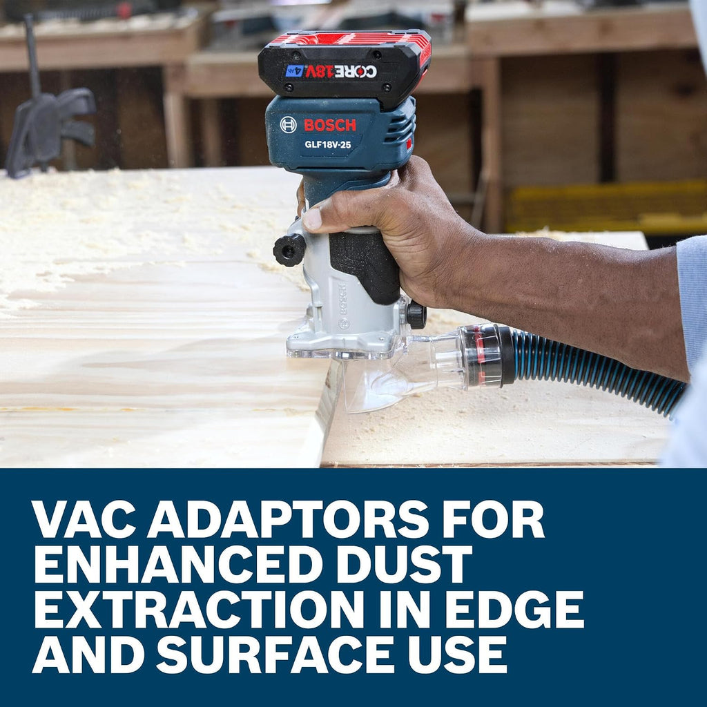 BOSCH GLF18V-25N 18V Laminate Trim Router - Powerful Brushless Motor, 10,000-30,000 RPM, Lightweight, Ergonomic, Enhanced Dust Extraction, Quick Depth Adjustments for Precise Trimming