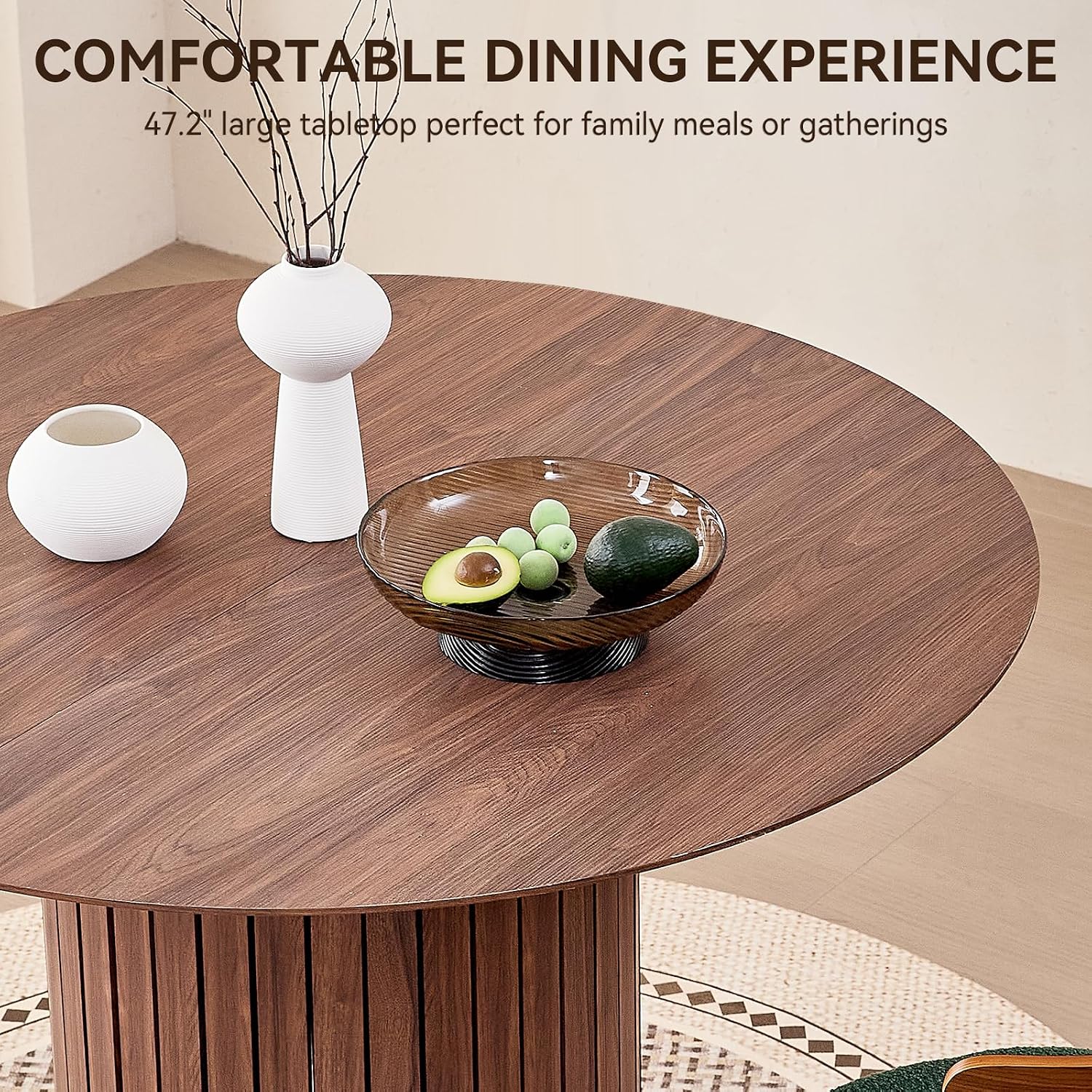 47' Round Dining Table for 4, Farmhouse Kitchen Table [Chamfered Edge Tabletop] Circle Pedestal Dinner Table, φ47.2'x29.5'H, Brown