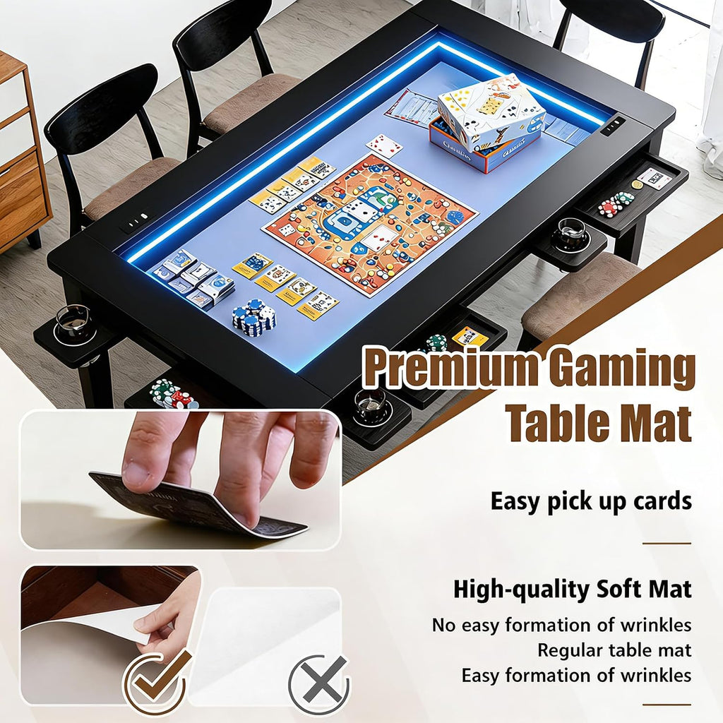 Haddockway Solid Wood Board Game Table with Colorful Led Lights, Dining/Gaming Table for 4-6 Players with Charge Station,Removable Top, Play Mat, 6 Cup Holders & Trays (Black)