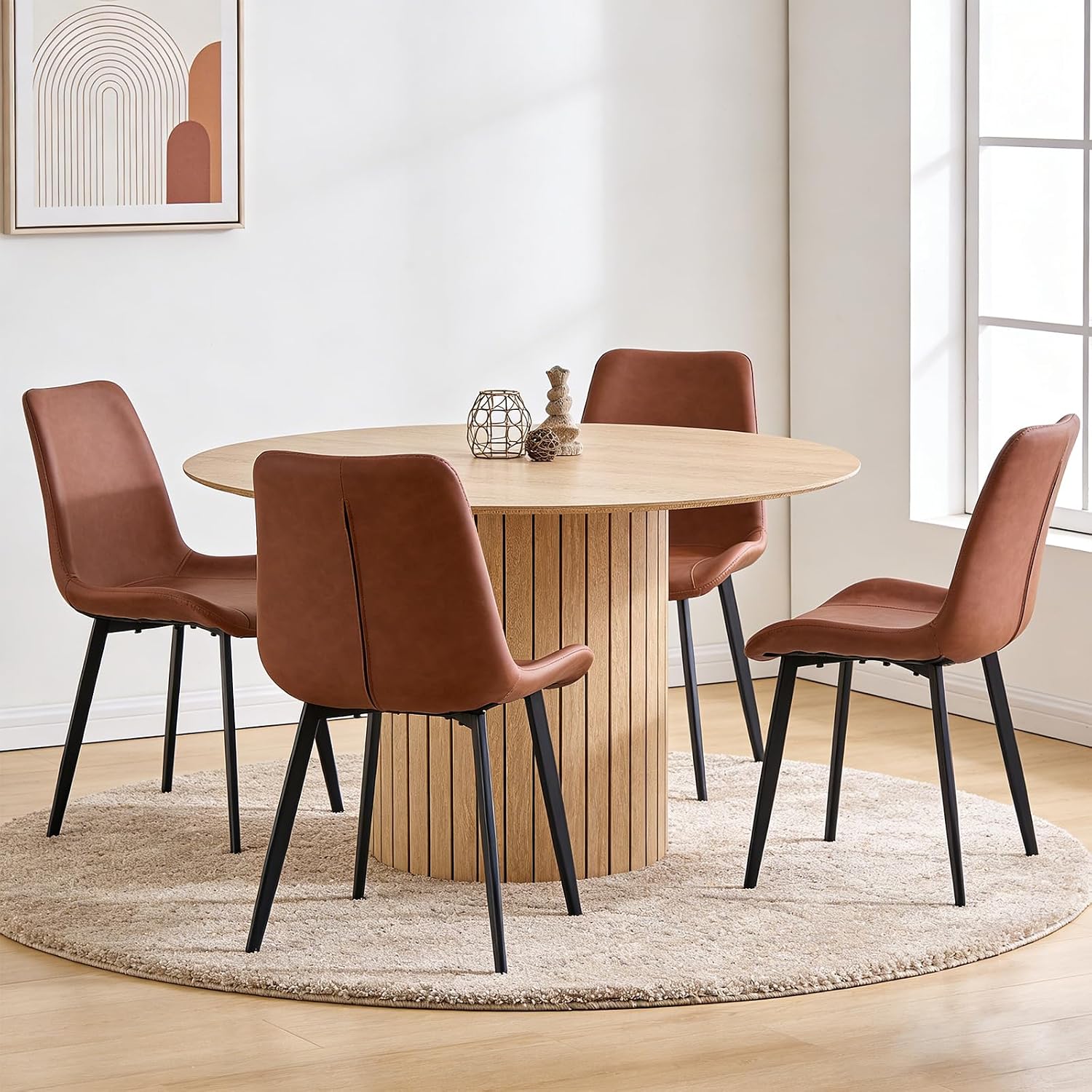 47' Round Dining Table for 4, Farmhouse Kitchen Table [Chamfered Edge Tabletop] Circle Pedestal Dinner Table, φ47.2'x29.5'H, Natural
