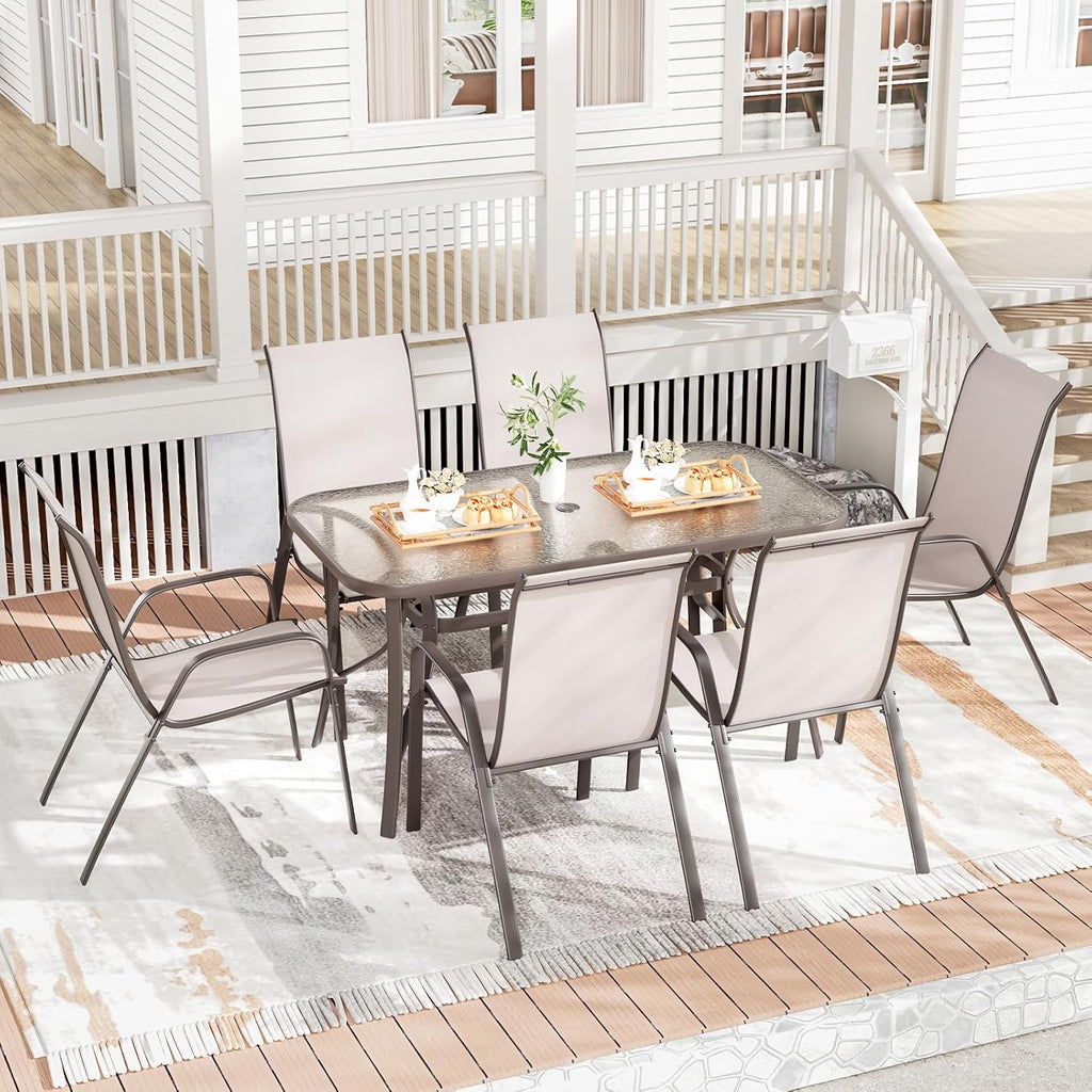 TLSUNNY Patio Dining Set for 6, Outdoor Table and Chairs W/1.69″ Umbrella Hole, 30'X 55' Table and Stackable Textilene Chair, All Weather Patio Furniture Set (Umbrella not Included) (Beige)