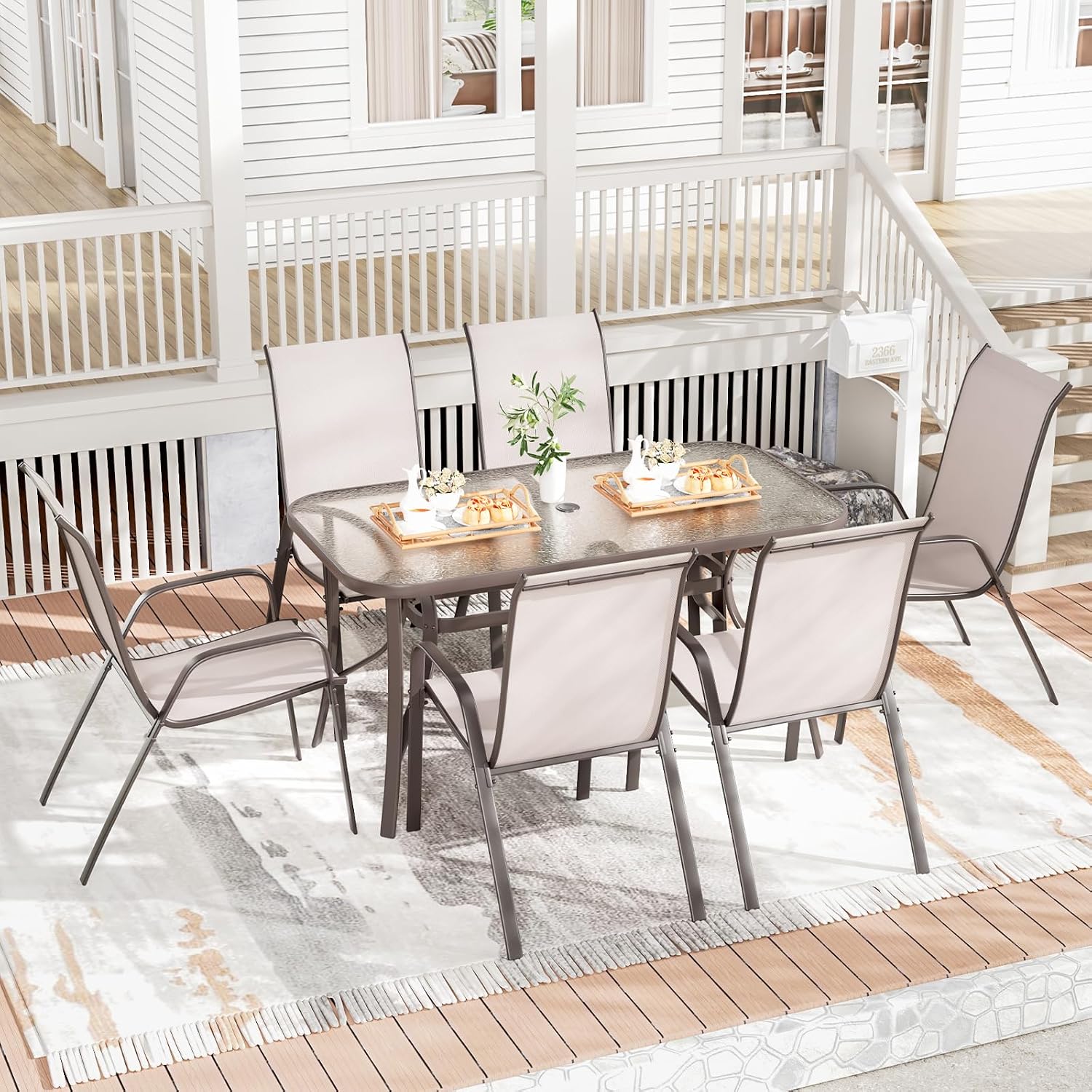 TLSUNNY Patio Dining Set for 6, Outdoor Table and Chairs W/1.69″ Umbrella Hole, 30'X 55' Table and Stackable Textilene Chair, All Weather Patio Furniture Set (Umbrella not Included) (Beige)