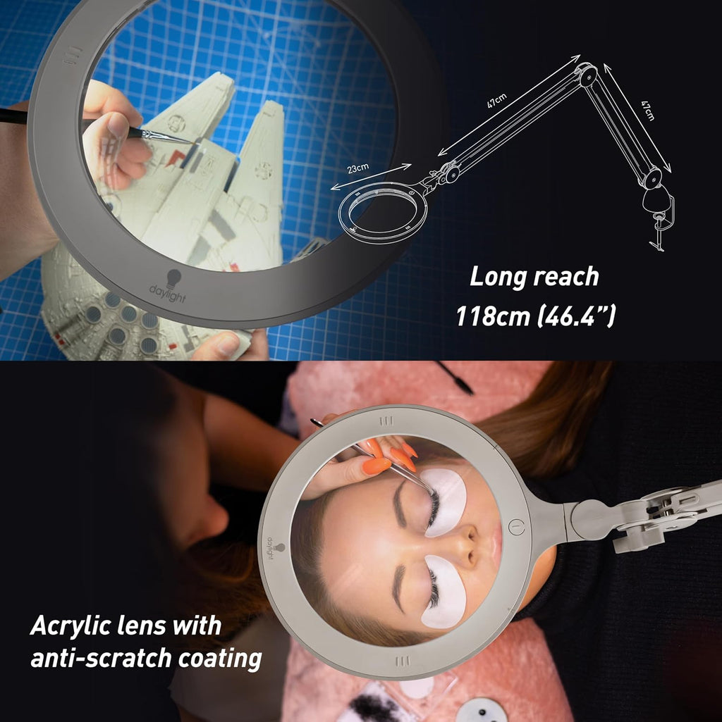 Omega 7 LED Magnifying Lamp – 7' Acrylic Lens, 3 Diopter (1.75X) Magnification, 6,300 Lux at 6', 4 Brightness Levels, Adjustable Arm, Professional-Grade Light for Precision Tasks