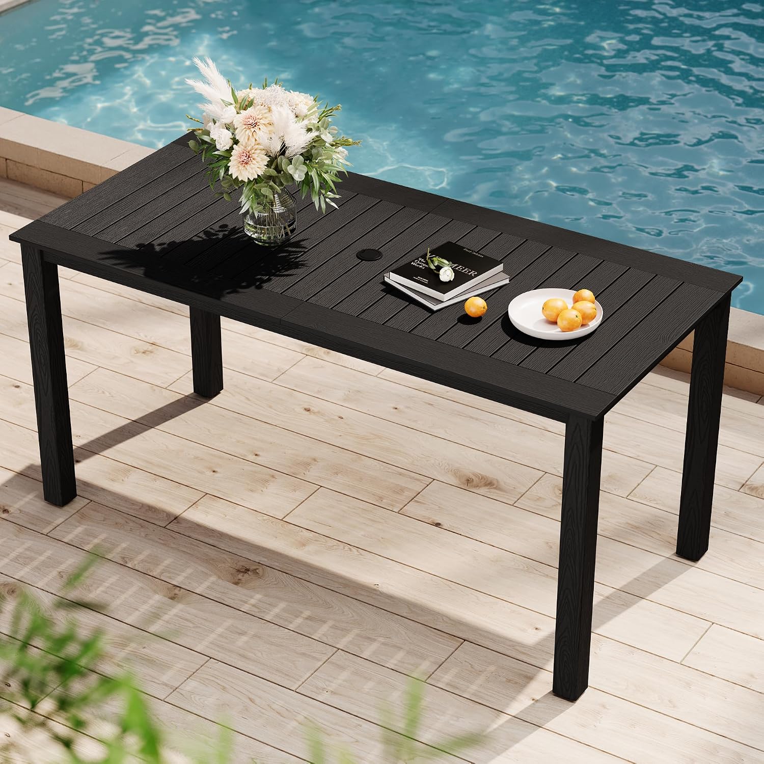 YEFU Outdoor Dining Table for 6: All Weather Rectangular Patio Table with Umbrella Hole and Aluminum Frame - Outdoor Furniture for Outside Backyard/Garden/Pool/Porch/Deck 300lbs Capacity Black