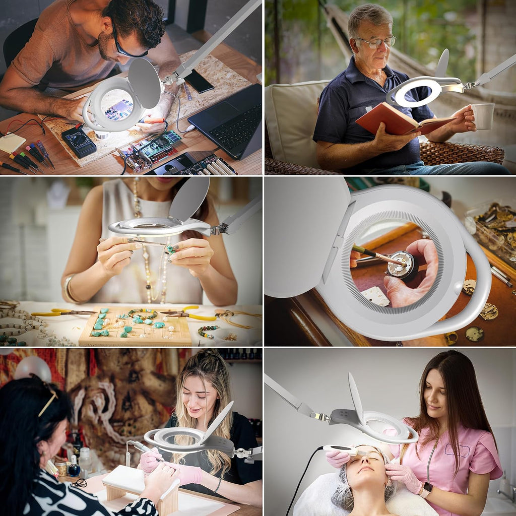 LED Magnifying Lamp with Clamp, 1.75X magnification, Touch Dimmer, 96 SMD LEDs, Adjustable Arm, Dual Warm & Cold Light Modes for Crafts, Reading, Repair (Universal Voltage, Eye Strain Relief)