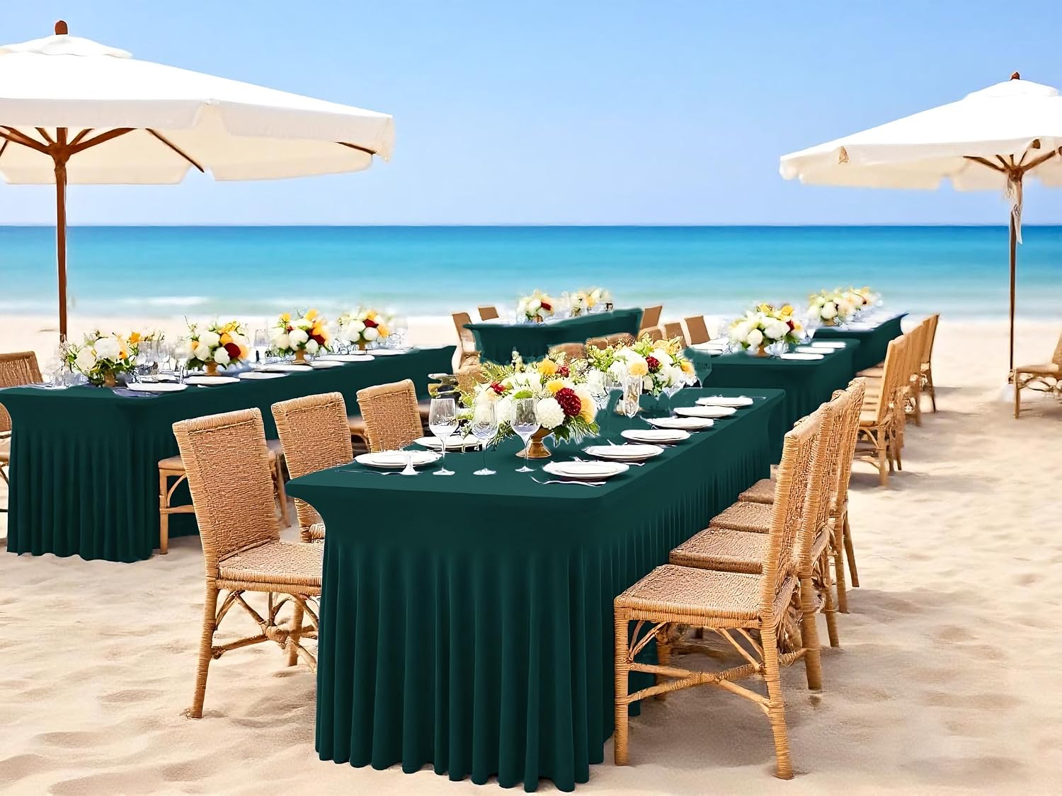6 Packs Emerald Green Spandex Table Clothes for 8 Foot Rectangle Tables, Wrinkle Resistant Fitted Tables Cover, Washable Stretch Table Skirts for Weddings Parties Banquet Birthday Festival