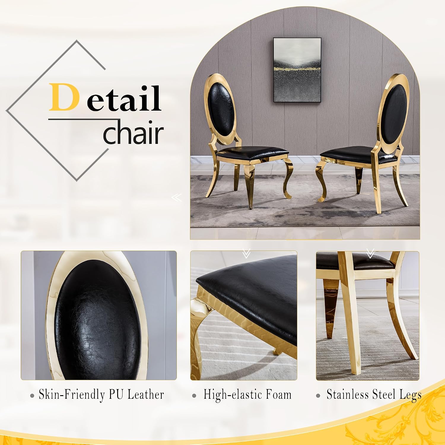 AF ARTISAN FURNITURE Modern Marble Dining Table Set of 4-70' Faux Marble Kitchen Table with 4 Leather Chairs, White Marble Top & Gold Mirrored Stainless Steel Legs, 4 Pieces Black High Back Chairs-c