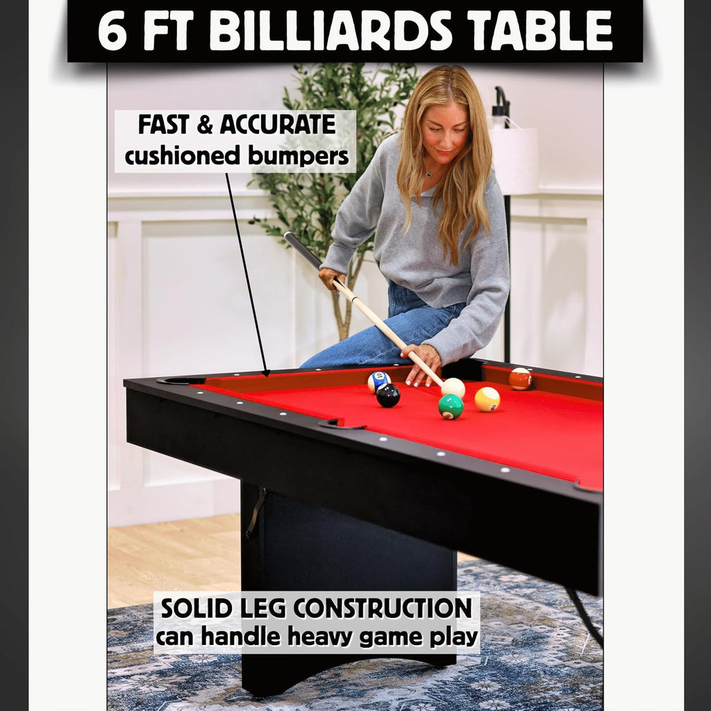 Freetime Fun 6 FT Pool Table, No Assembly, Portable, Includes Billiard Tables Accessories- 2 Pool Cues, Set of Balls, Triangle, Pool Table Brush, Chalk