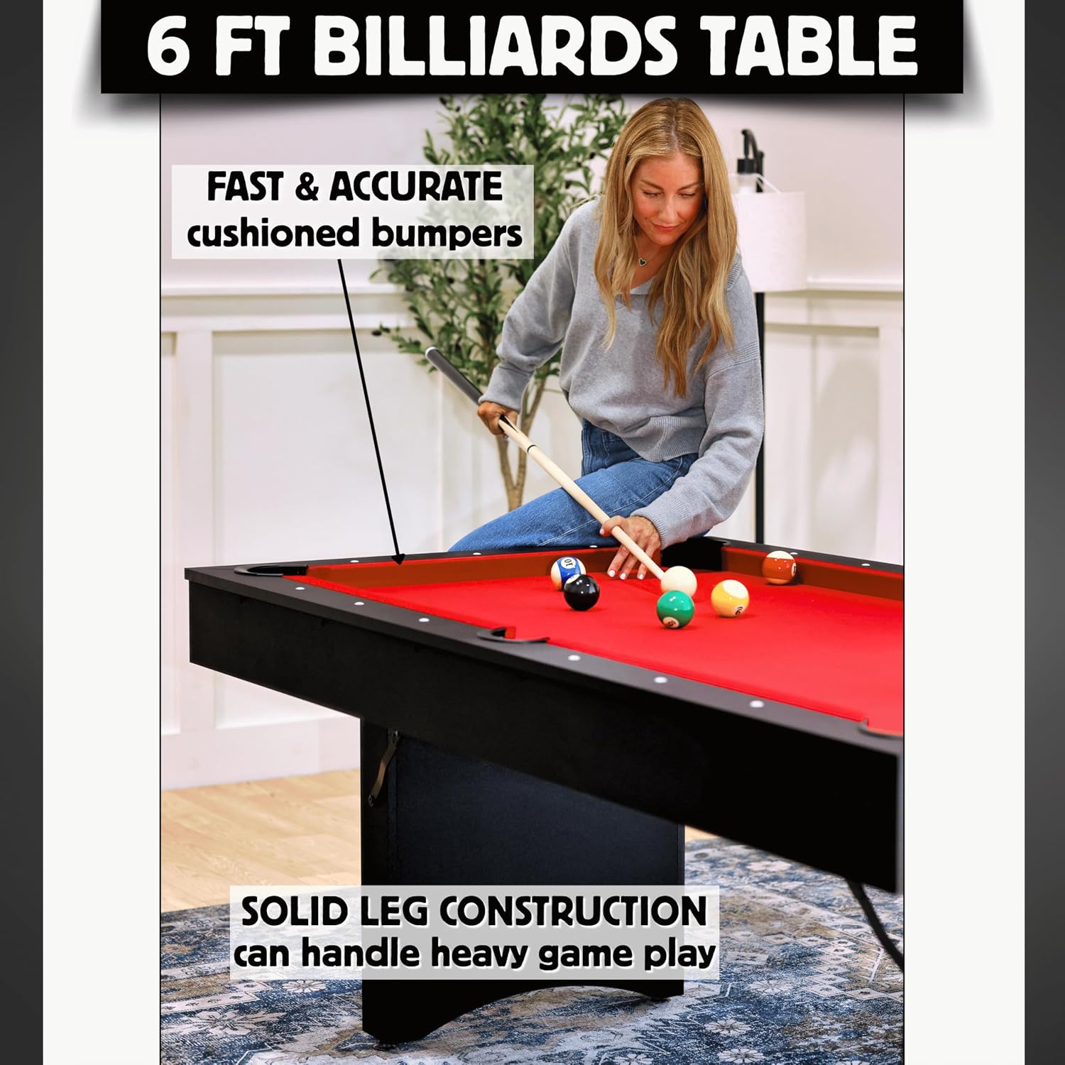 Freetime Fun 6 FT Pool Table, No Assembly, Portable, Includes Billiard Tables Accessories- 2 Pool Cues, Set of Balls, Triangle, Pool Table Brush, Chalk