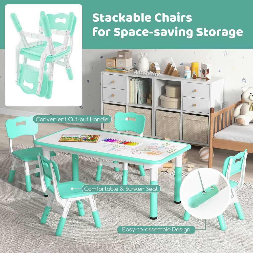 Costzon Kids Table and 4 Chair Set, Height Adjustable Toddler Desk and Chairs with Graffiti Desktop, Non-Slip Legs, Children Art Study Multi-Activity Table Set for Home, Daycare, School (Green)