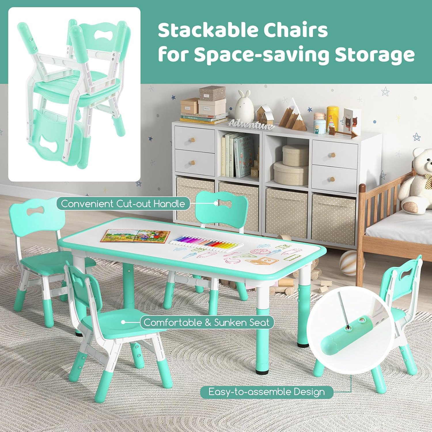 Costzon Kids Table and 4 Chair Set, Height Adjustable Toddler Desk and Chairs with Graffiti Desktop, Non-Slip Legs, Children Art Study Multi-Activity Table Set for Home, Daycare, School (Green)