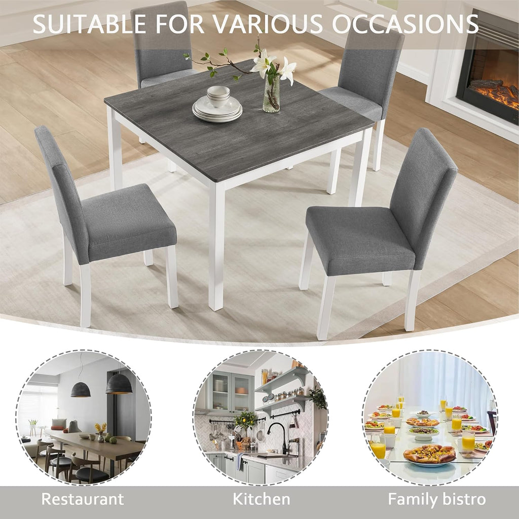 KEIKI 5-Piece Standard Height Dining Table Set with Square Table and 4 Upholstered Curved Backrset Chair, for 4 Person, Modern Wooden Table Set, Easy Assembly, for Kitchen, Dining Room, White+Gray
