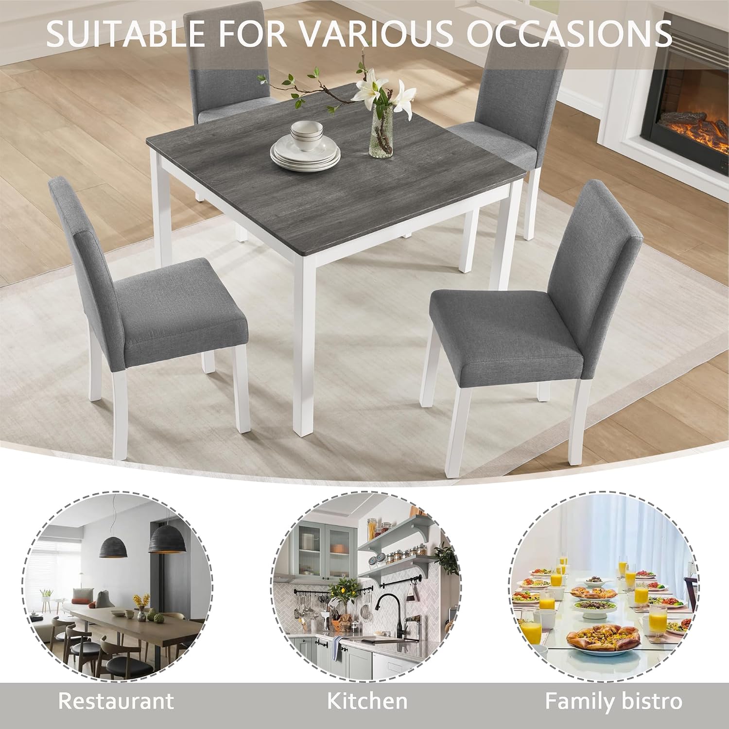 KEIKI 5-Piece Standard Height Dining Table Set with Square Table and 4 Upholstered Curved Backrset Chair, for 4 Person, Modern Wooden Table Set, Easy Assembly, for Kitchen, Dining Room, White+Gray
