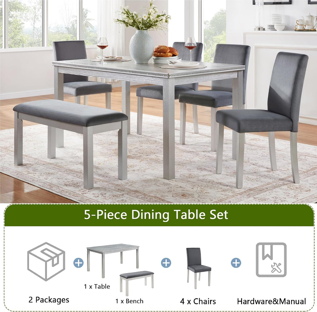LUMISOL 6 Piece Wooden Dining Table Set, Rectangular Kitchen Table Set with 4 Upholstered Chairs and Bench for 6 People, Sliver Grey