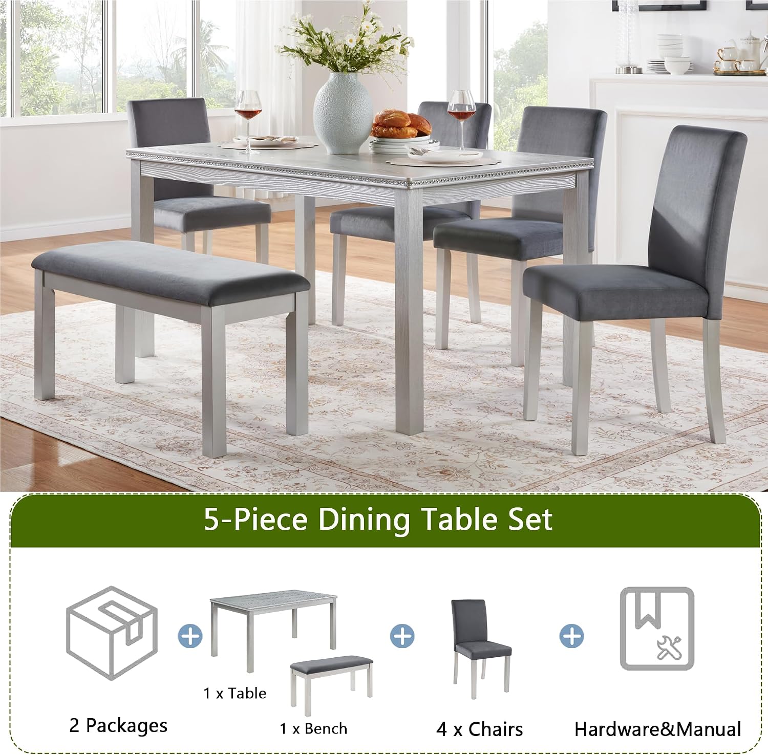 LUMISOL 6 Piece Wooden Dining Table Set, Rectangular Kitchen Table Set with 4 Upholstered Chairs and Bench for 6 People, Sliver Grey