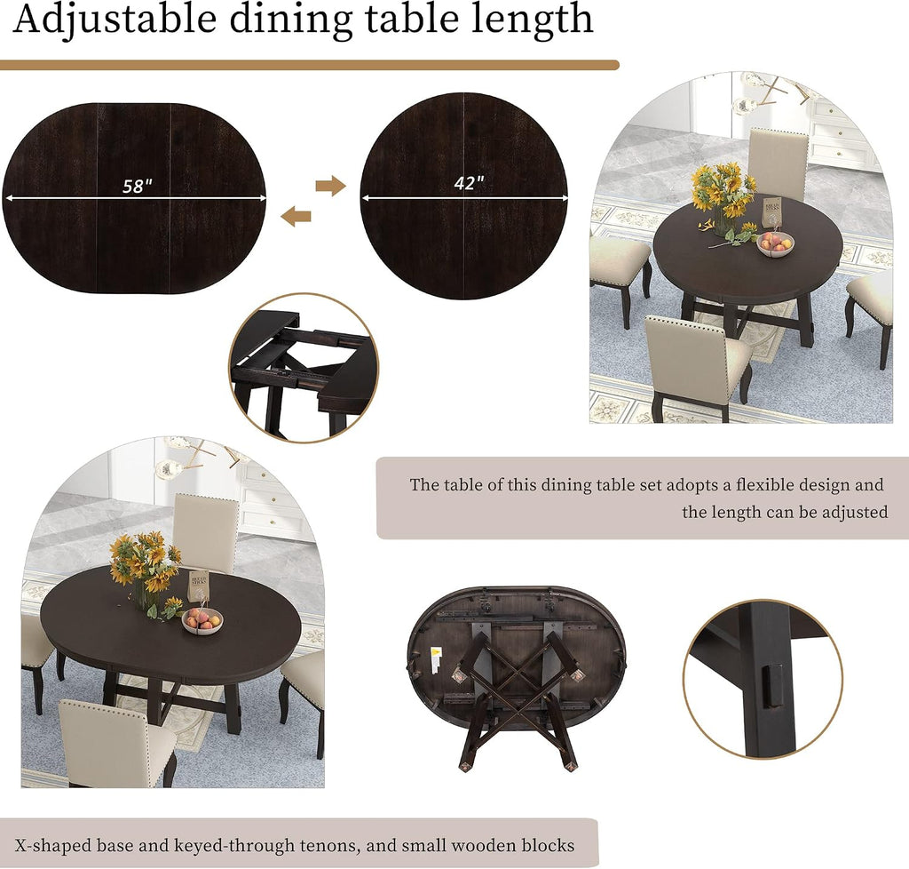 Harper & Bright Designs Kitchen Dining Table Set for 4, Wood Round Extendable Dining Table and 4 Dining Chairs Dining Table Set (Espresso), ST000074AAP-MZJ
