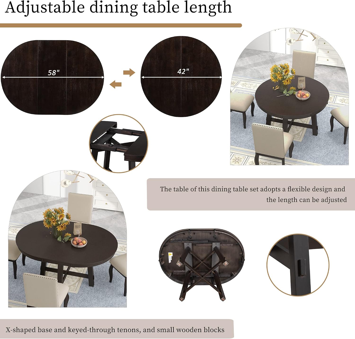 Harper & Bright Designs Kitchen Dining Table Set for 4, Wood Round Extendable Dining Table and 4 Dining Chairs Dining Table Set (Espresso), ST000074AAP-MZJ