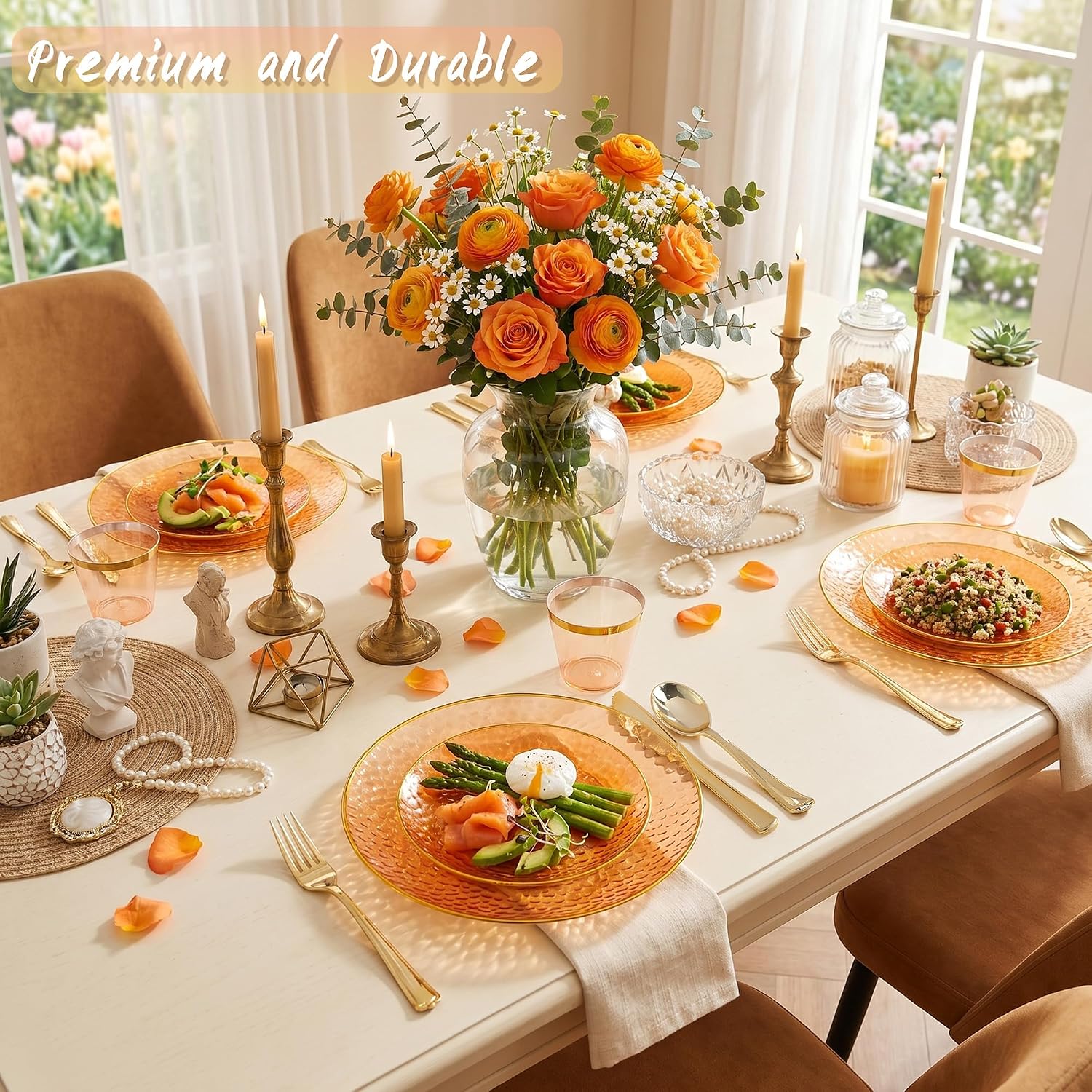 Rubtlamp 700Pcs Amber Gold Plastic Dinnerware Set, Hammered Clear Gold Plates, Fancy Plastic Plates Include 100 Dinner Platos, 100 Salad Platos, 100 Cups,100 Pack Pre Rolled gold plastic Silverware