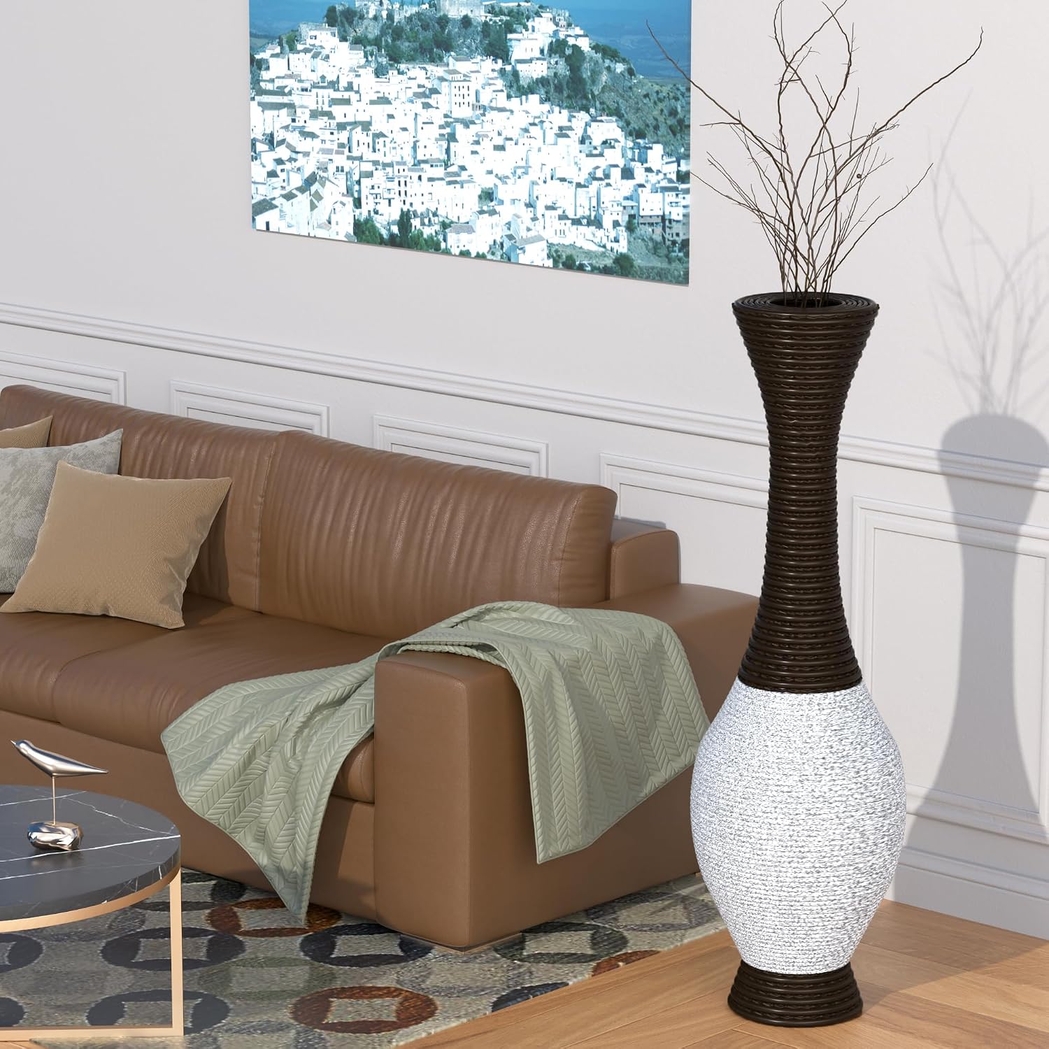 40' Tall Large Rattan Standing Floor Vase Modern Decorative Accent Flower Holder Floor Vase for Living Room Entryway Dining Room Stylish Home Décor Statement Piece (White+Brown)