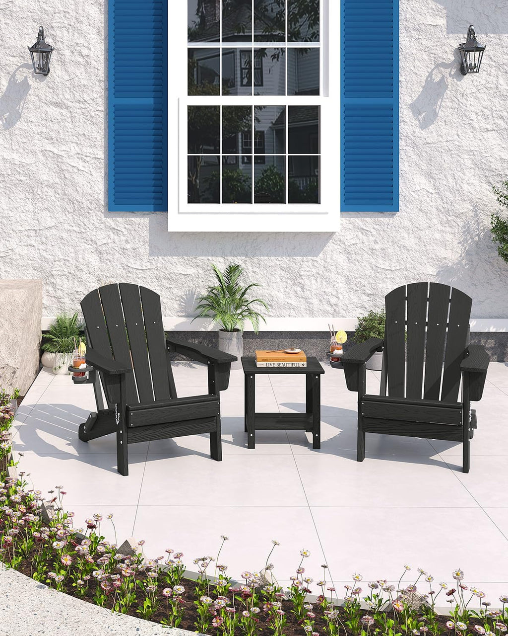 Folding Adirondack Chair Set of 2, All-Weather HDPE Outdoor Chair, Wooden Textured with Cup Holder for patios, Decks, Gardens, fire pits, Black
